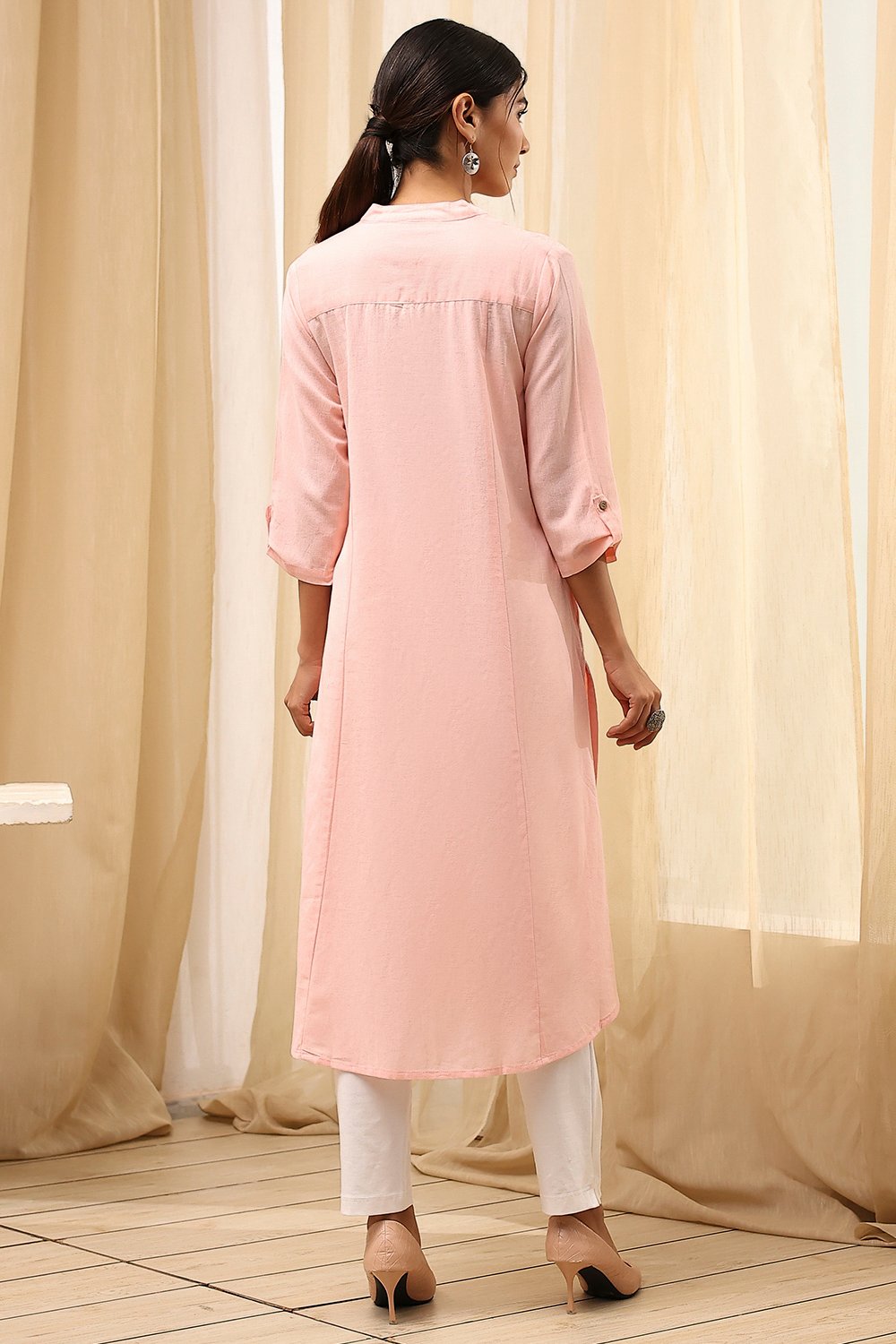 Burgundy Cotton Blend Solid Straight Kurta image number 4