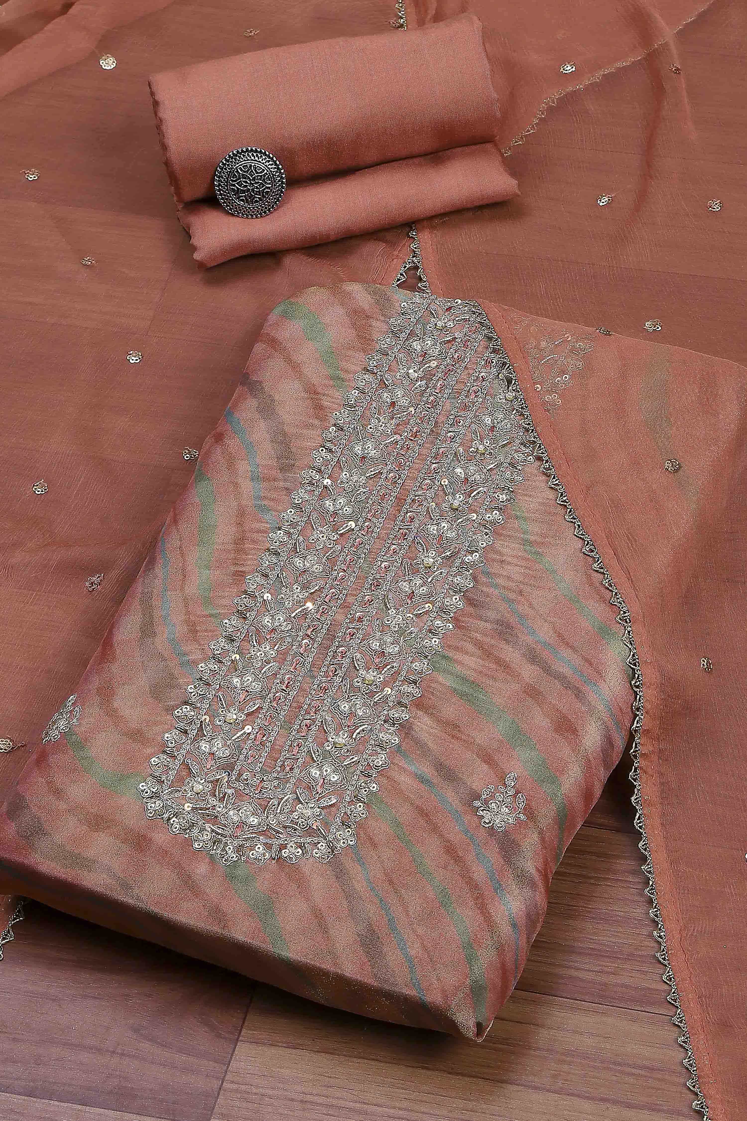 Olive Rust Cotton Printed Embroidered Unstitched Suit Set image number 0