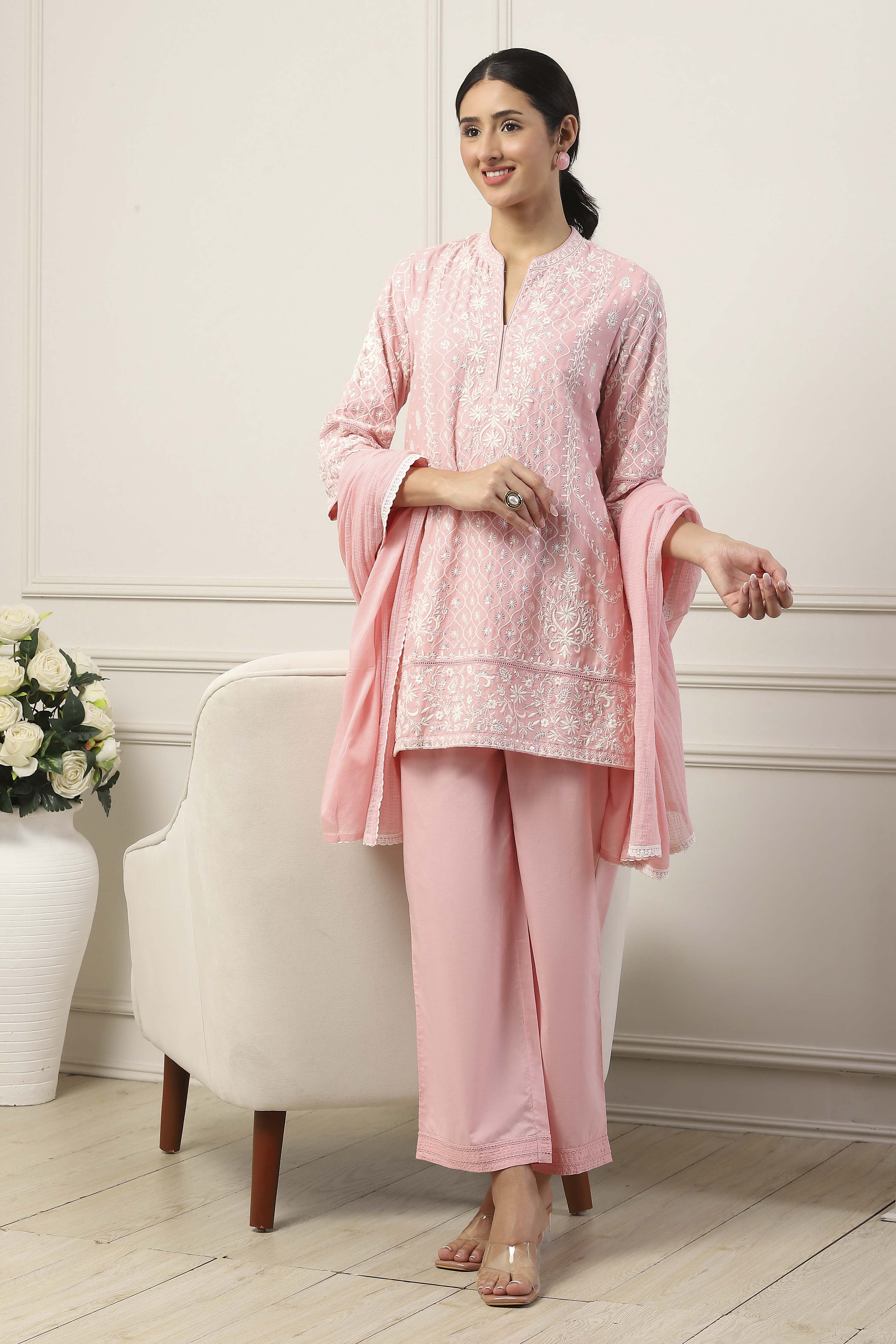 Pink Cotton Floral Printed Regular Suit Set image number 0