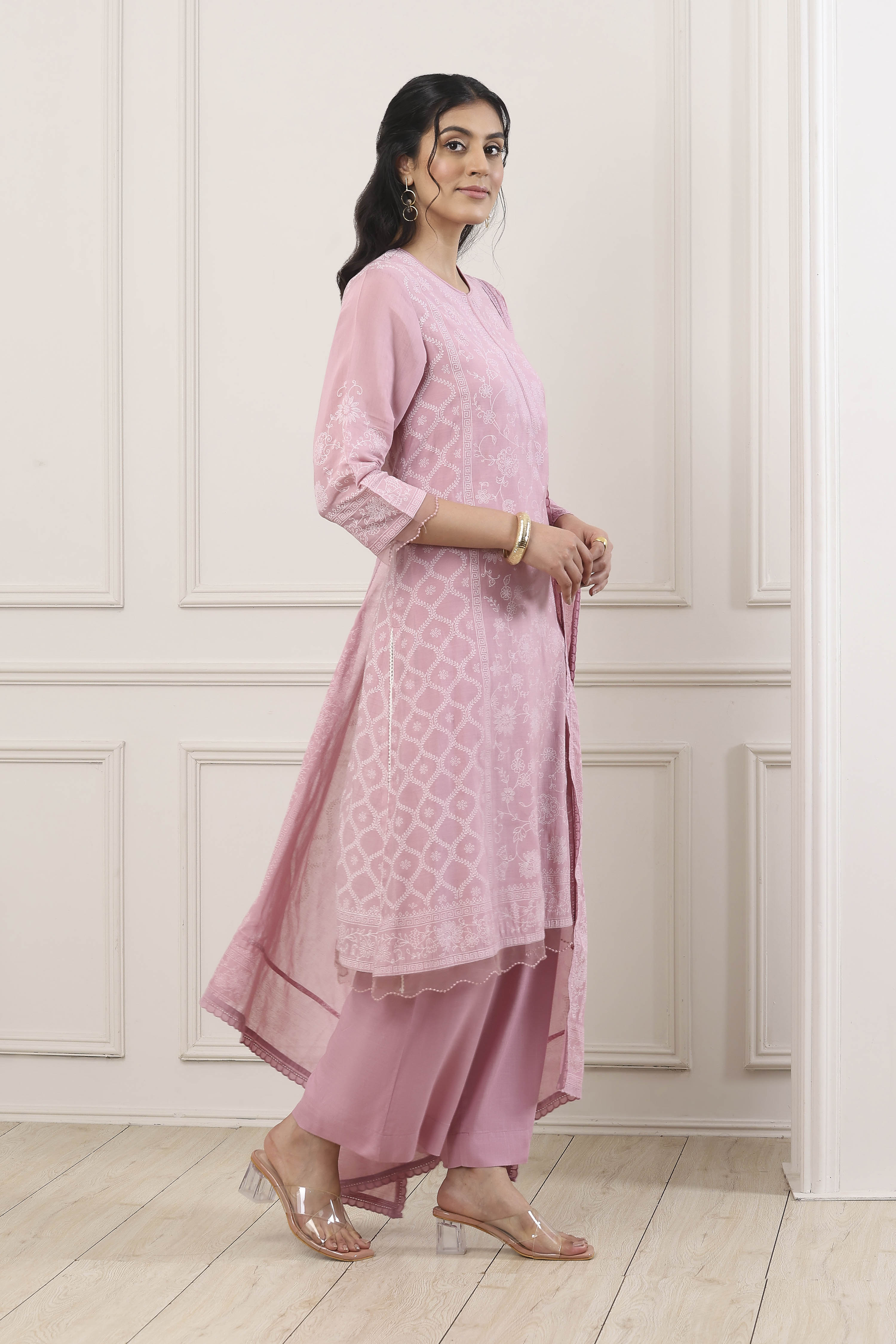 Pink Chanderi Lace Trim Floral Straight Suit Set image number 5