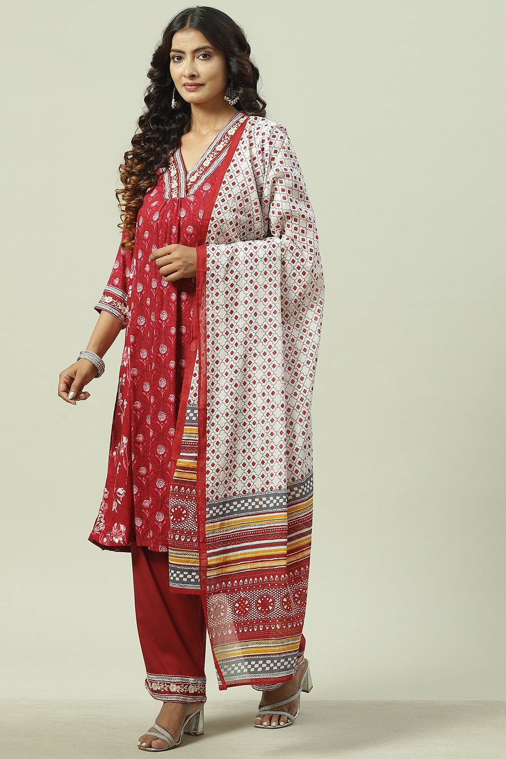 Charcoal LIVA A-Line Kurta Palazzo Suit Set image number 5