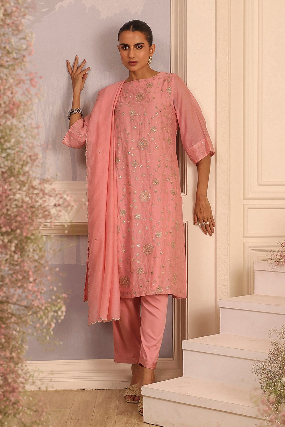 Pink Silk A-Line Embroidered Suit Set image number 6