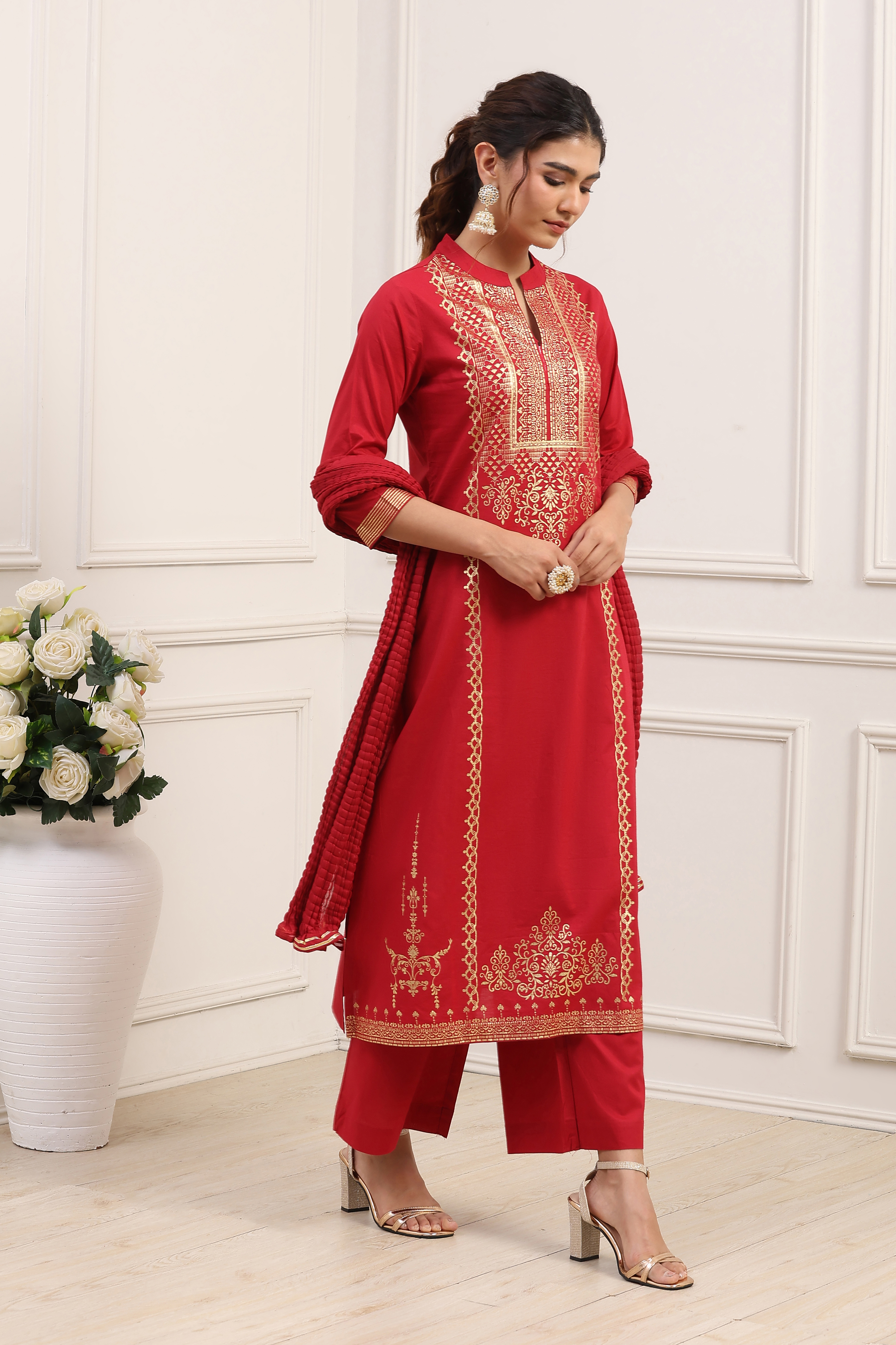 Navy Cotton Straight Kurta Palazzo Suit Set image number 5