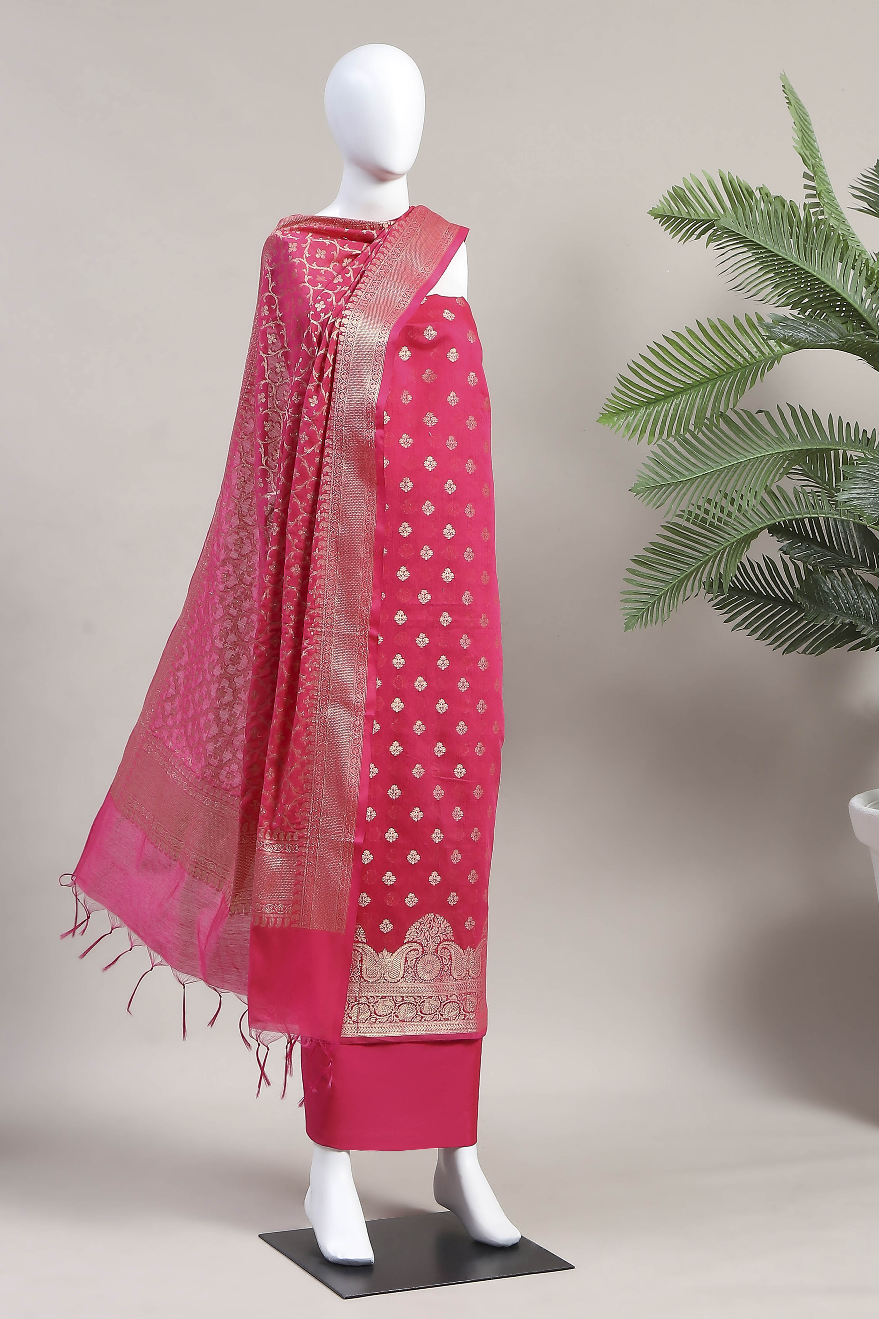 Pink Cotton Printed Embroidered Unstitched Suit Set image number 4