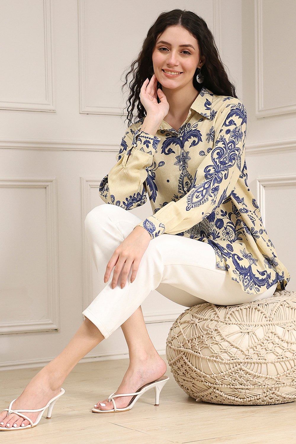 Off-White and Blue Printed Relaxed Fit Shirt image number 0