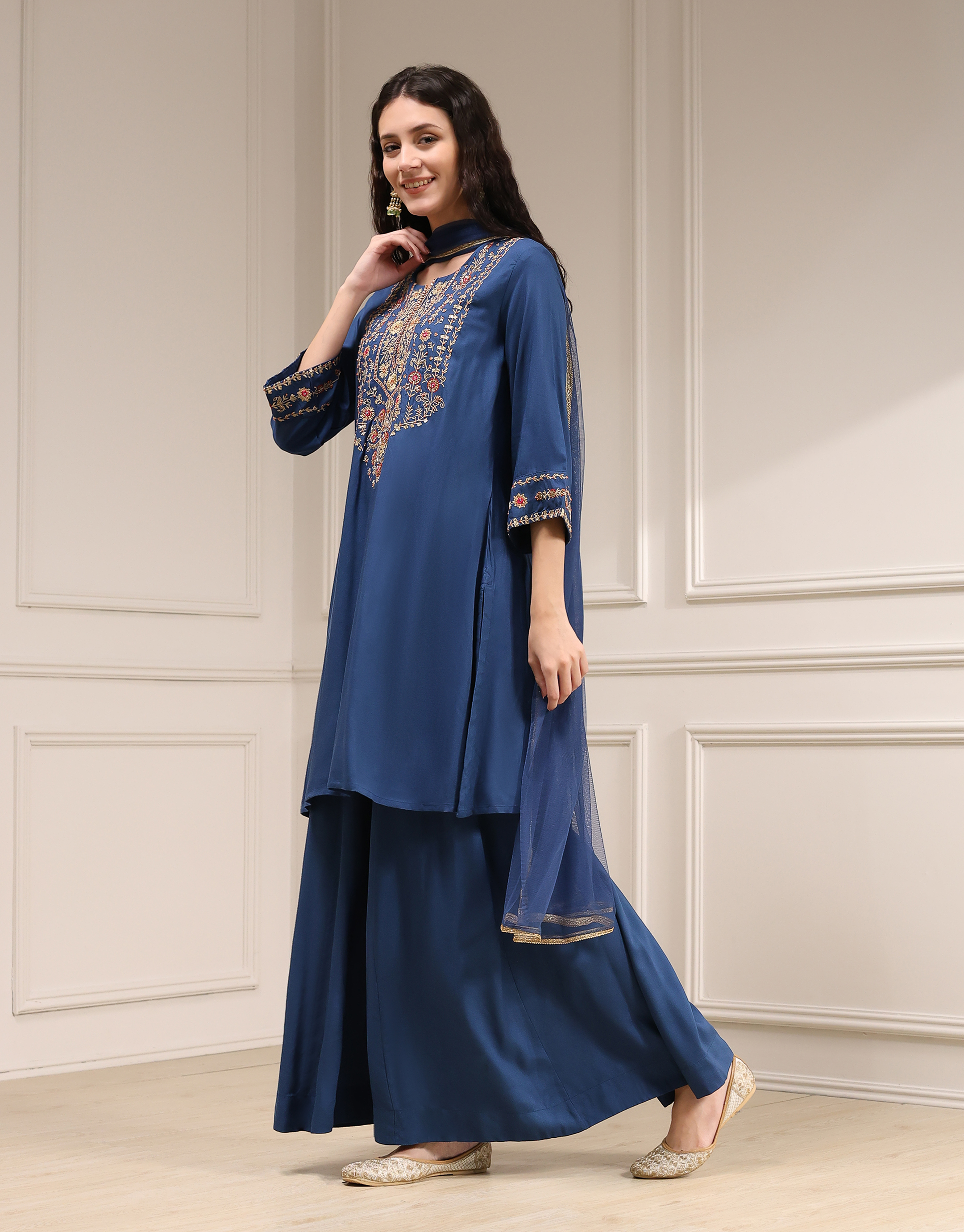 Navy Blue Embroidered Straight Suit Set image number 1