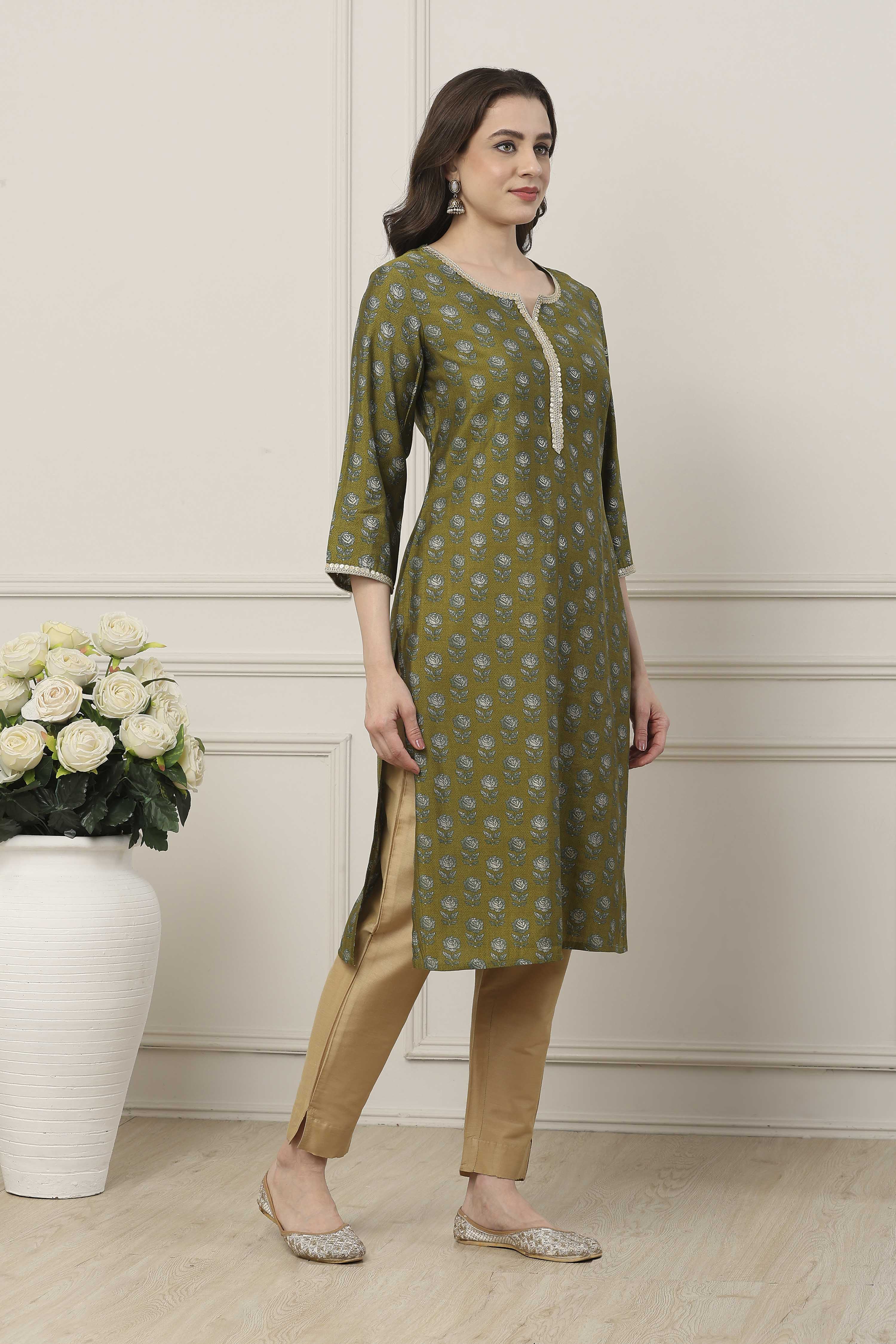 Orange All-Over Floral Printed Straight Kurta image number 4
