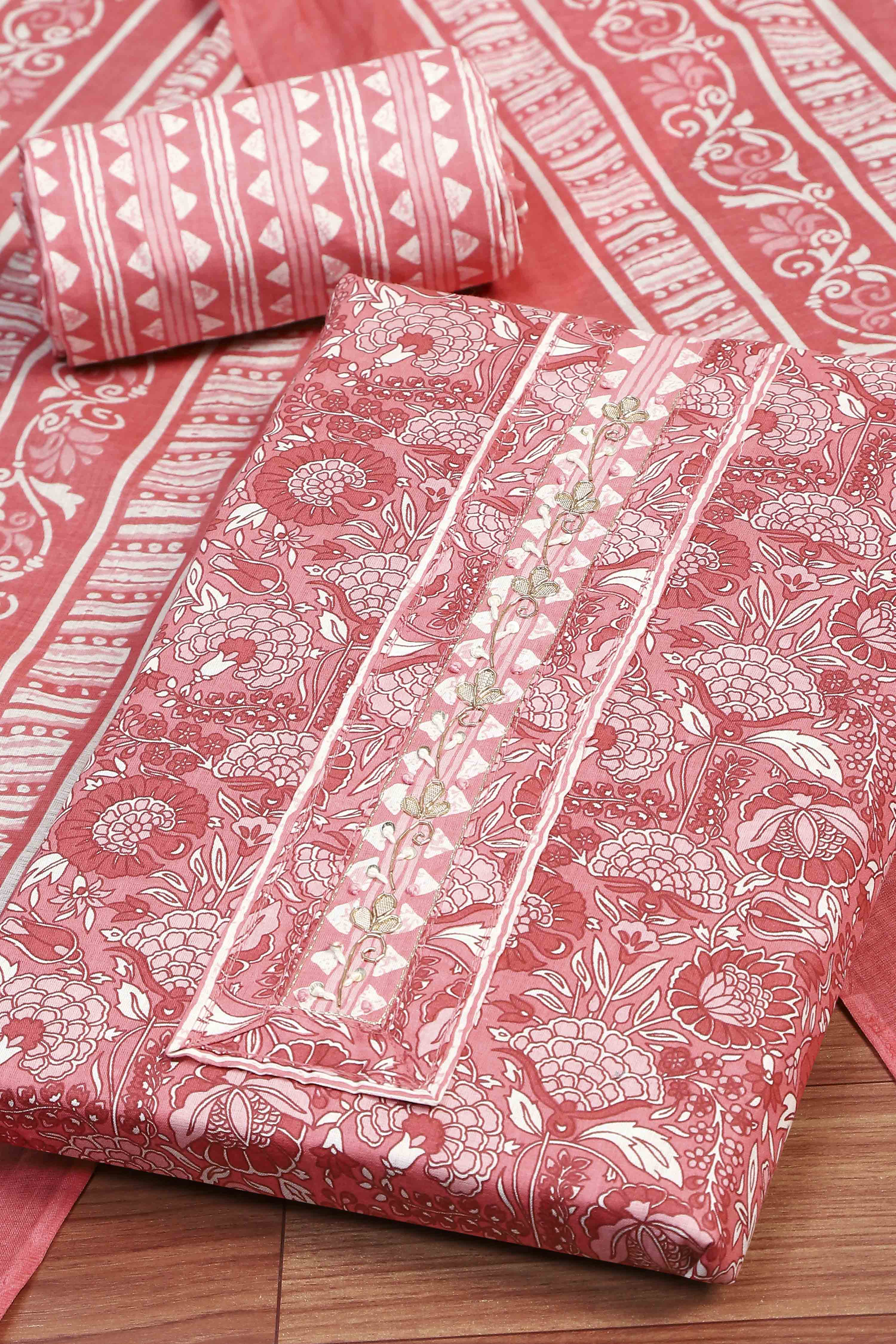 Pink Cotton Unstitched Suit Set image number 1