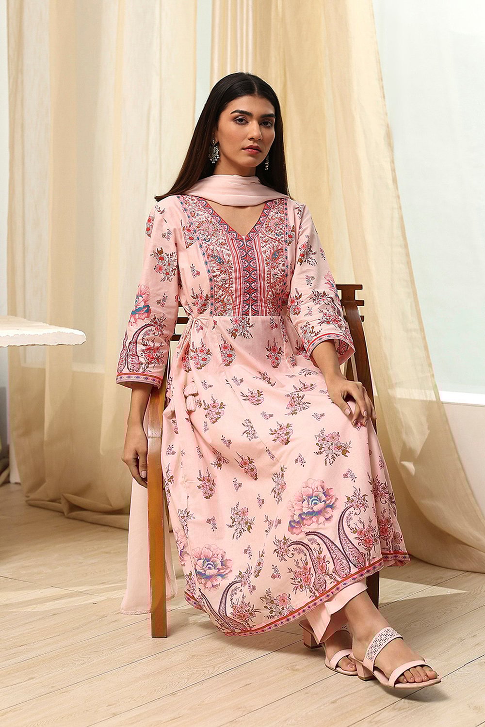 Peach-Colored Cotton Floral Flared Suit Set image number 0