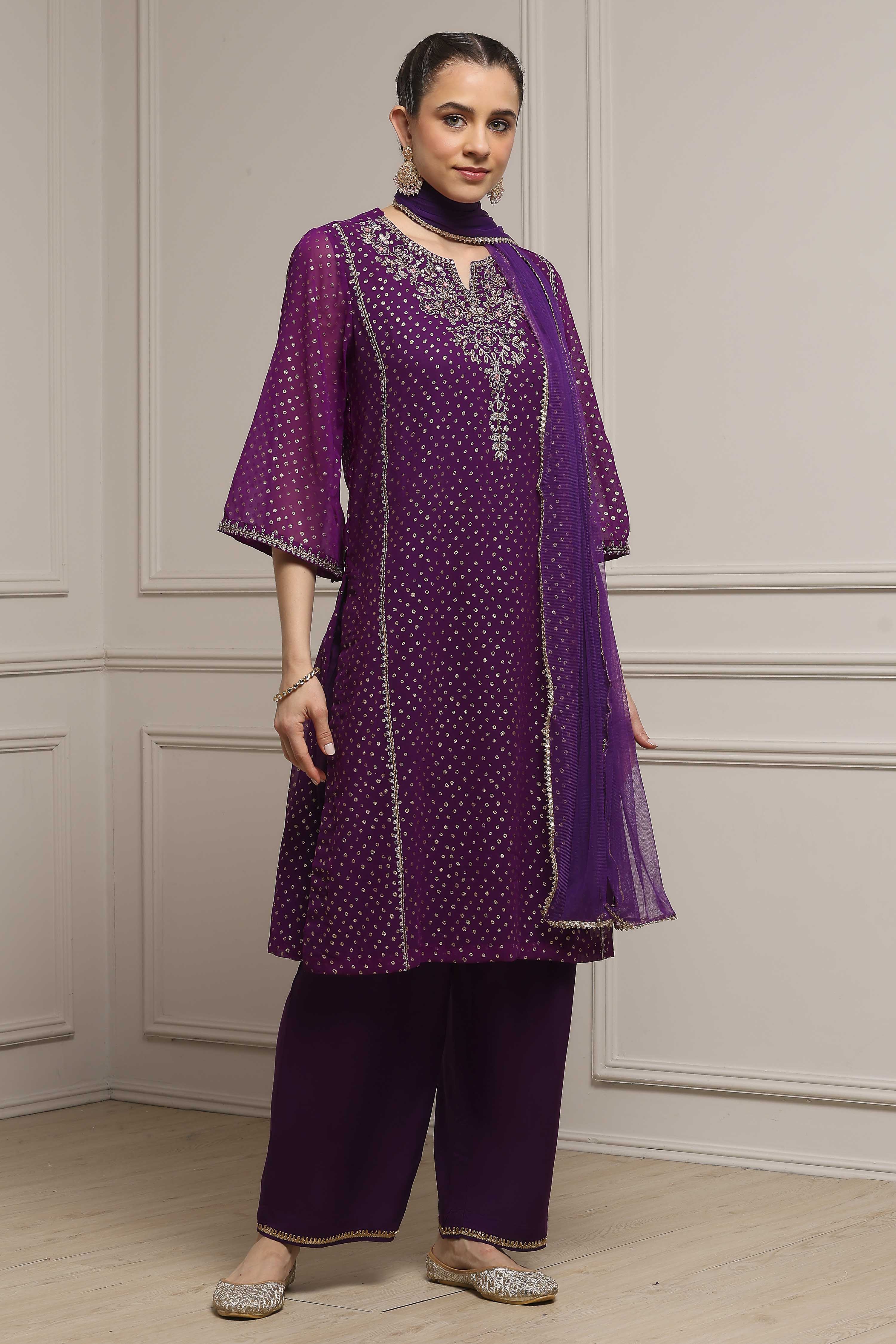 Purple Viscose Straight Printed Suit Set image number 0
