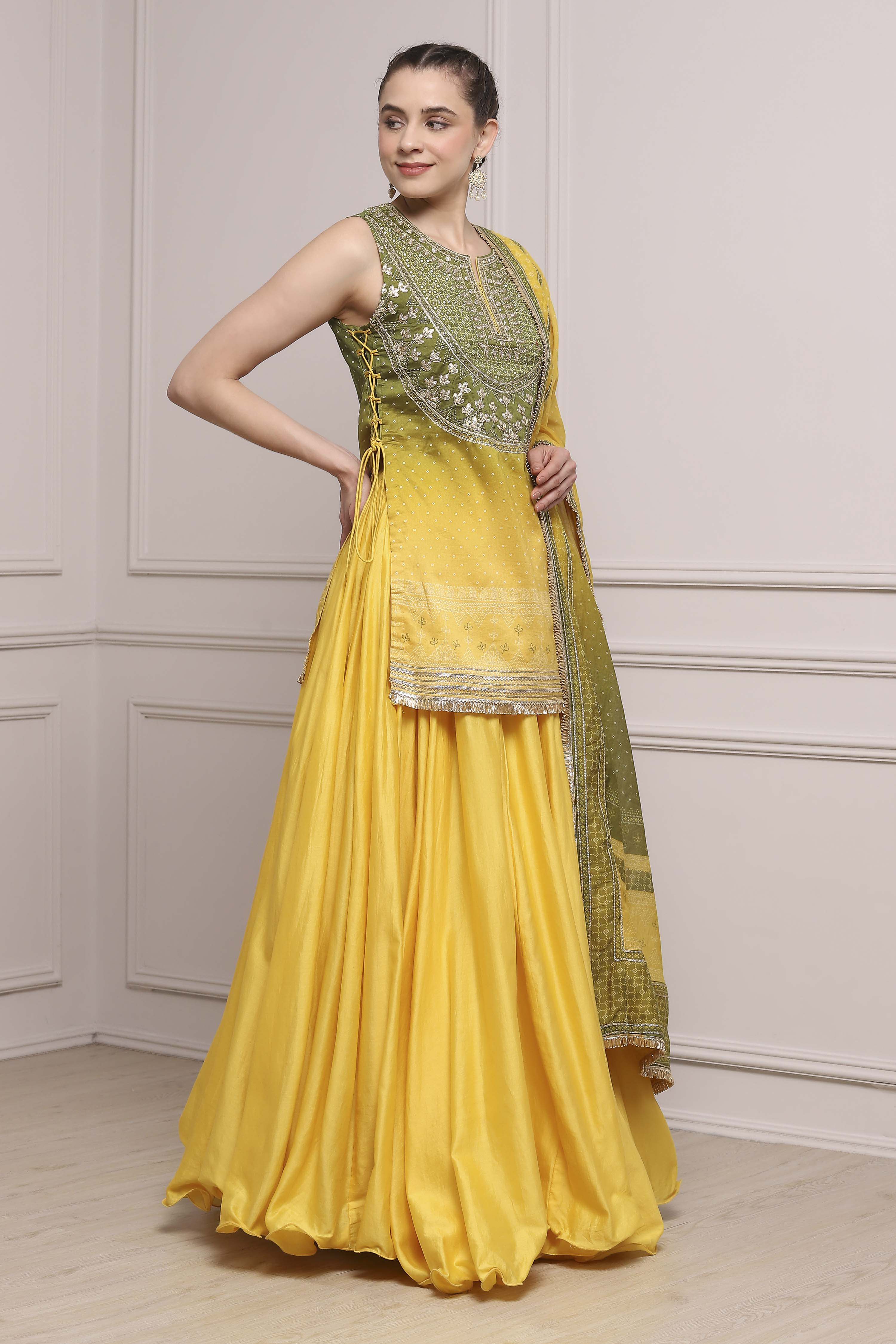 Yellow Olive Cotton Silk Straight Lehenga Set image number 5