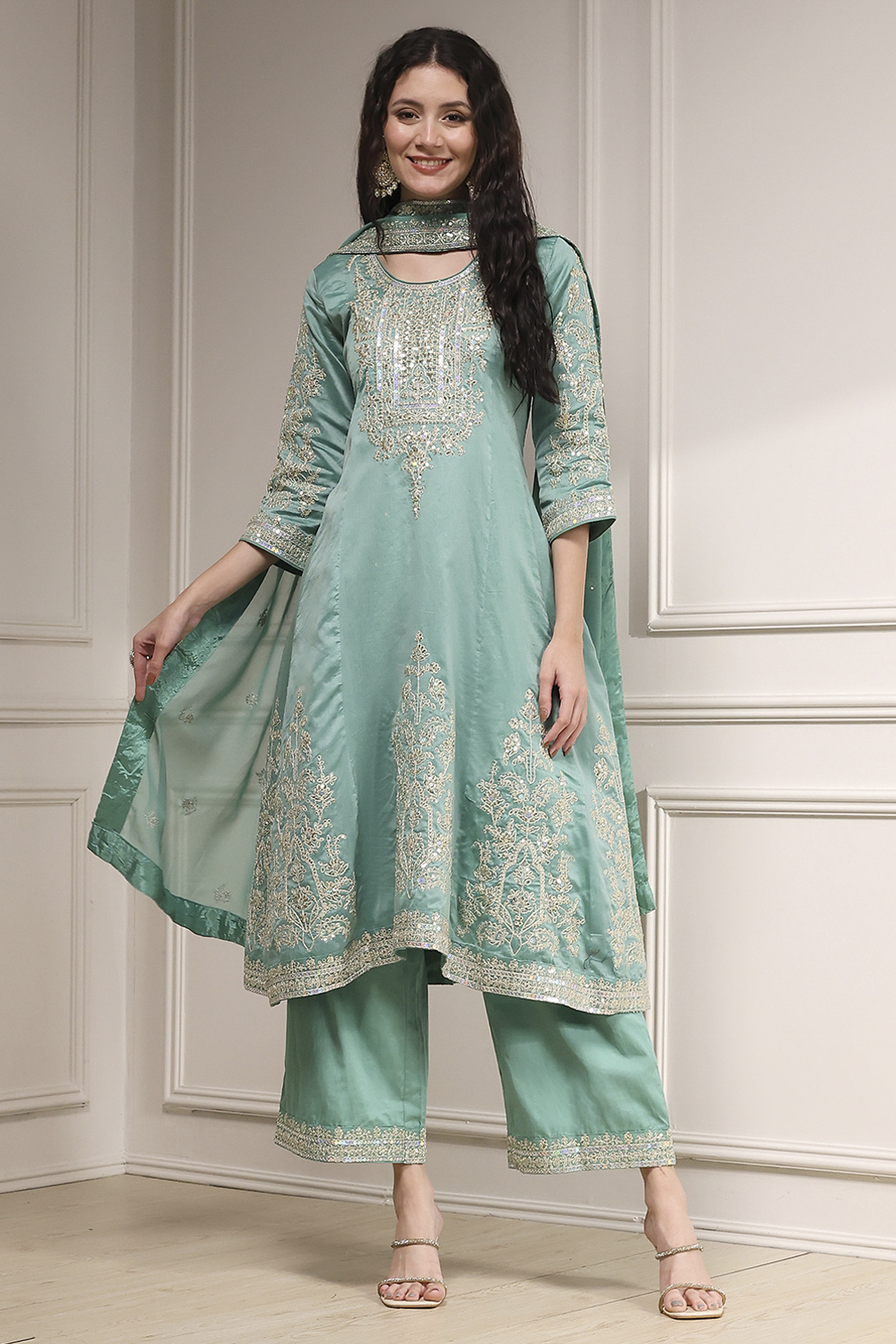 Off White Cotton Silk Anarkali Suit Set image number 6