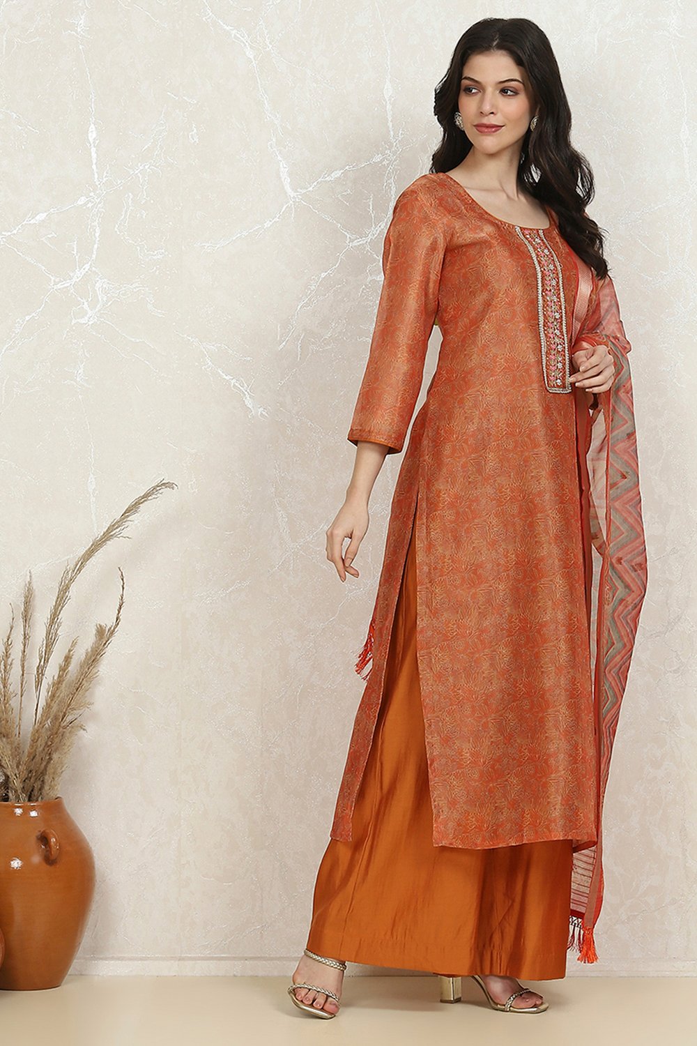 Orange Chanderi Unstitched Suit Set image number 6
