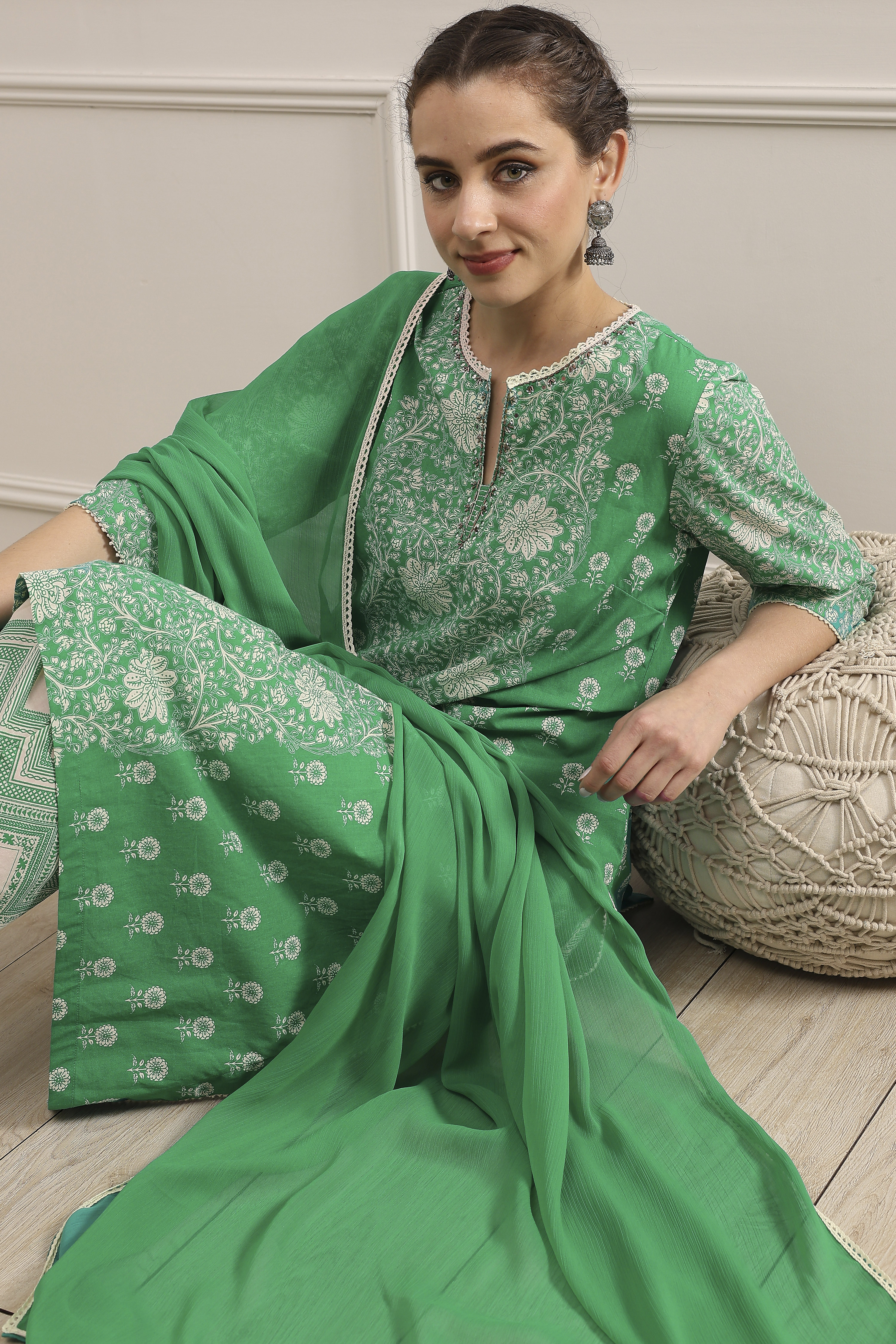 Green Cotton A-Line Printed Suit Set image number 0