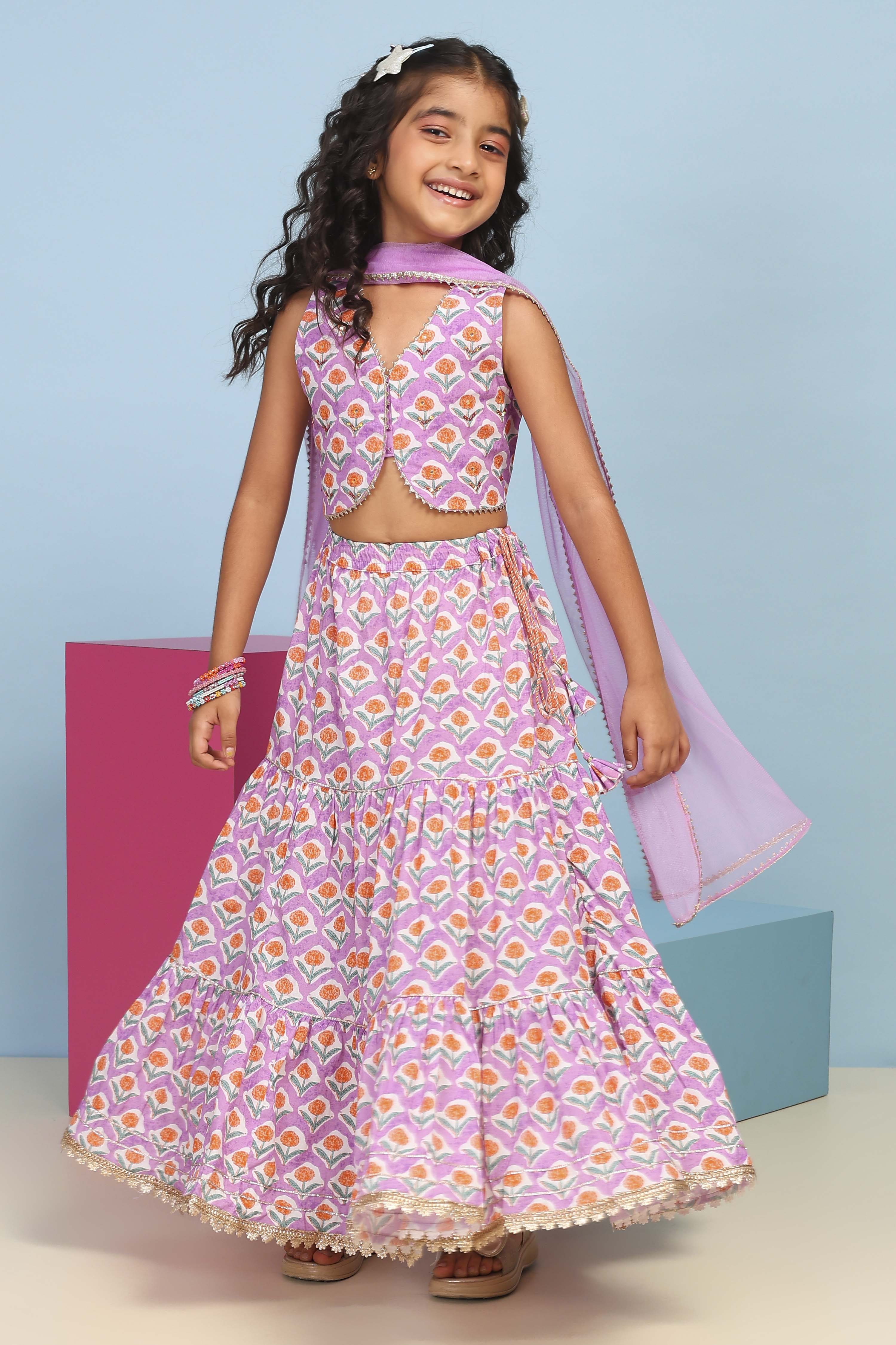 Lilac Cotton Printed Straight Lehenga Set image number 6