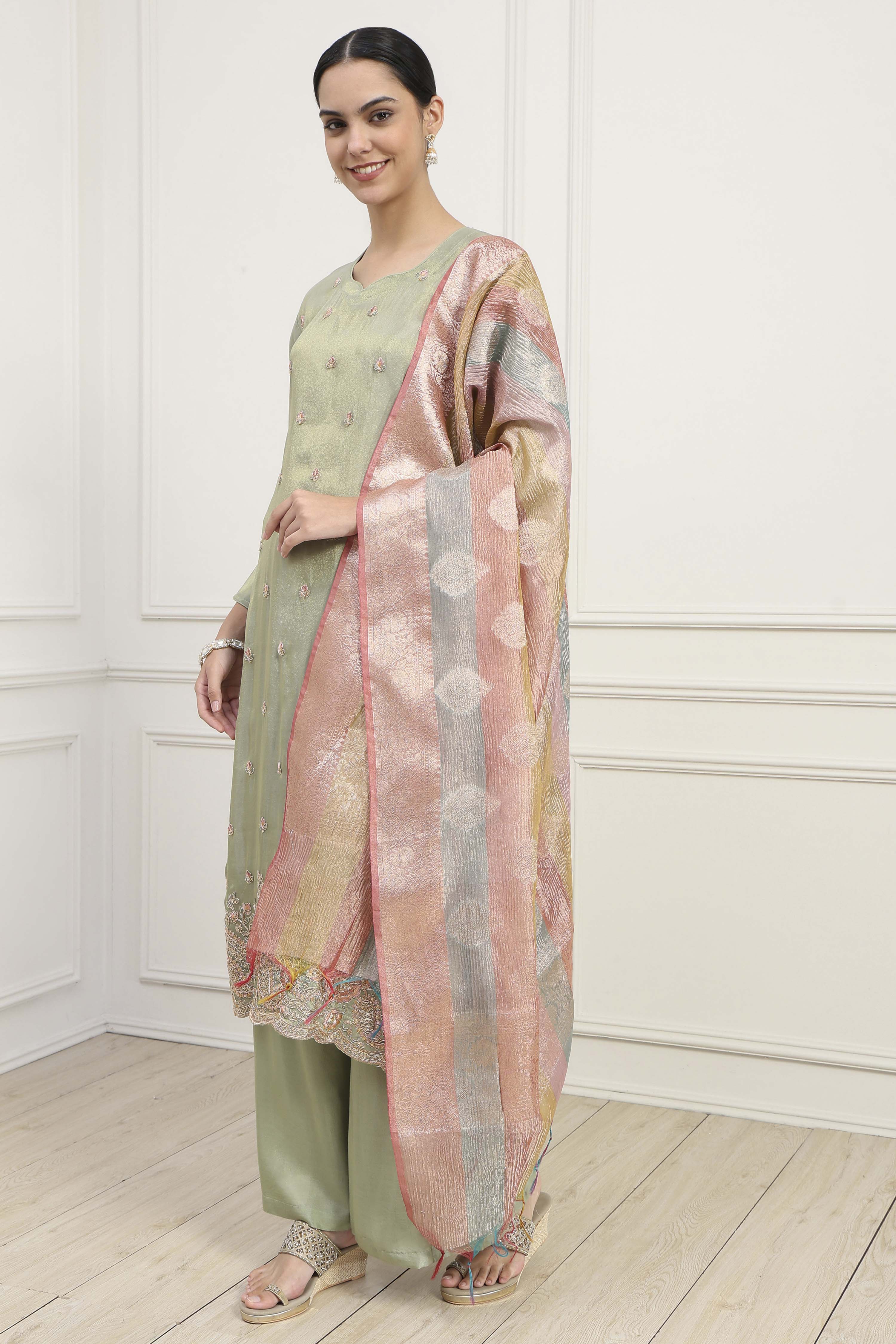 Pista Green Silk Blend Machine Embroidered Unstitched Suit Set image number 4