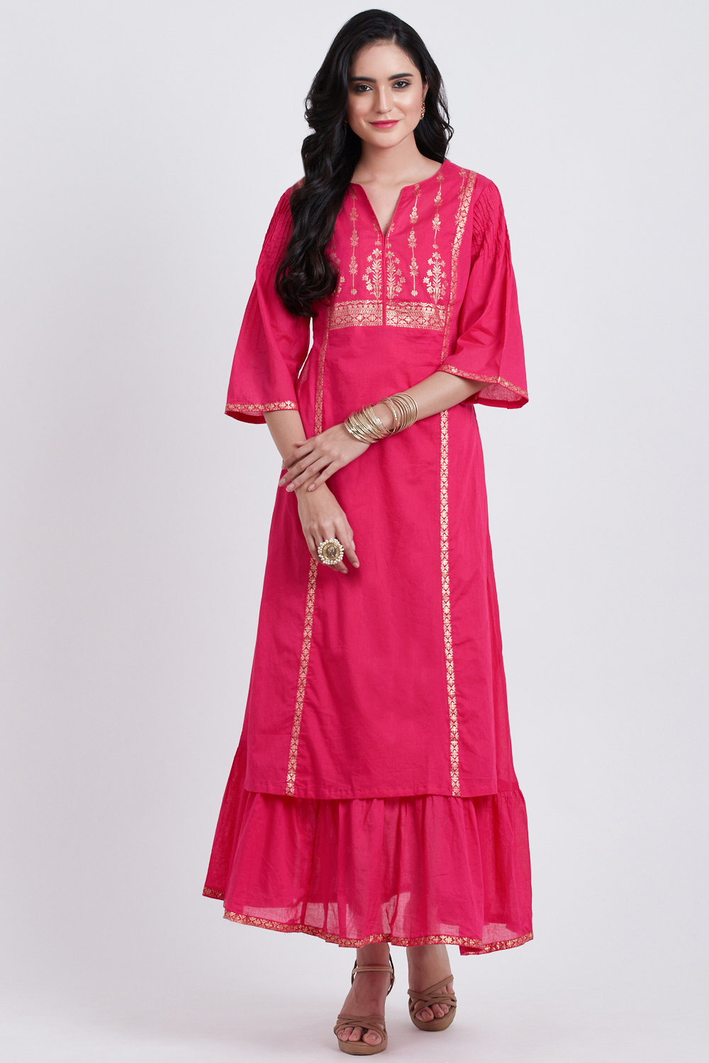 Green Cotton Flared Printed Kurta image number 0