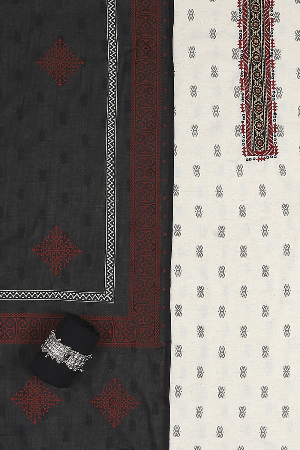 Off-White-Red Flex Hand Block Print Unstitched Suit Set image number 1