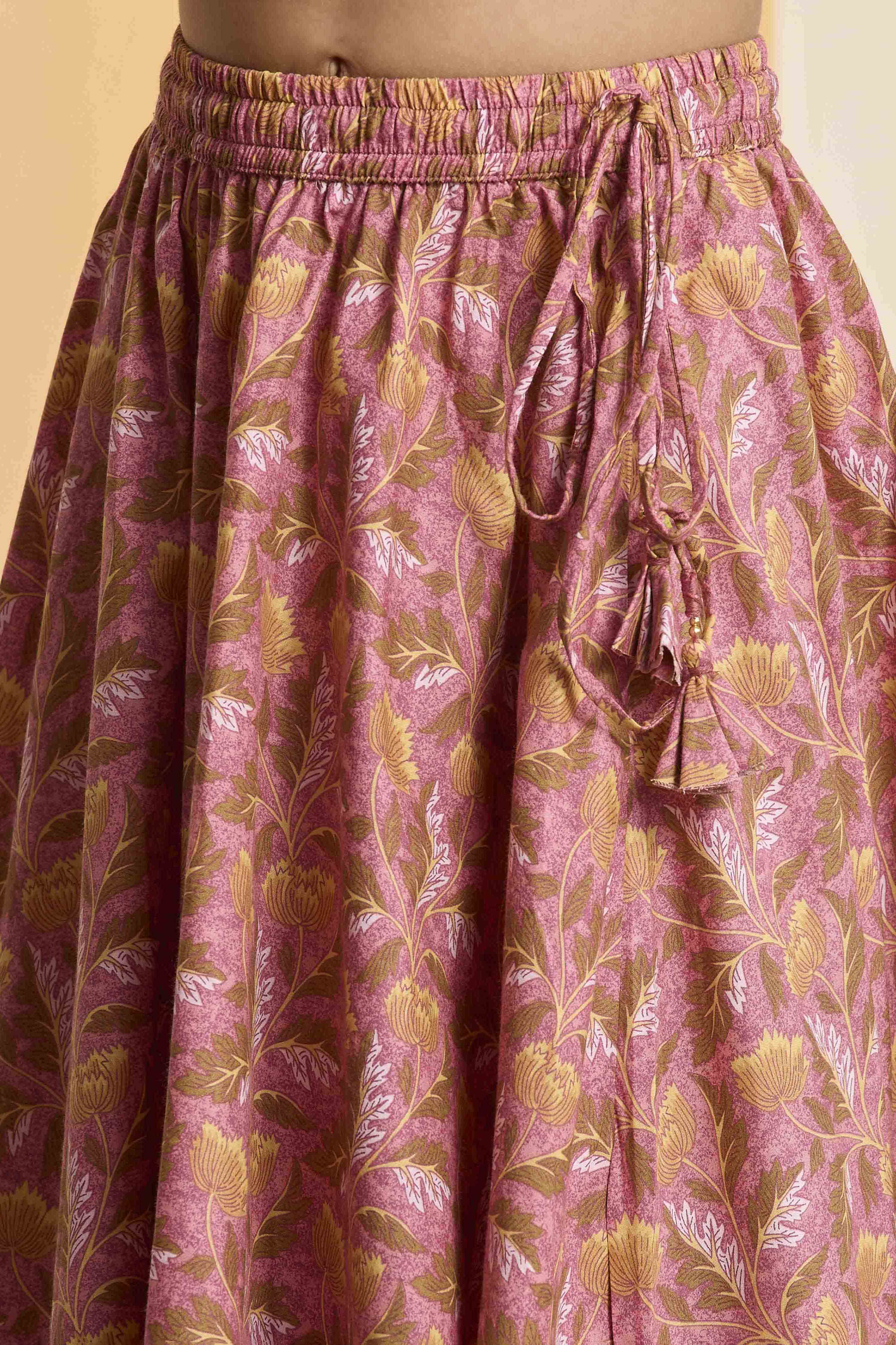 Peach Cotton Printed Gathered Lehenga Set image number 2