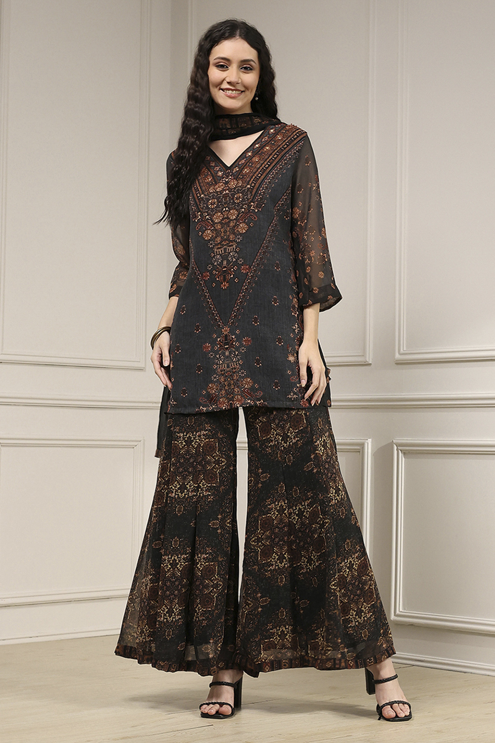 Charcoal Black Polyester Straight Printed Sharara Suit Set image number 6