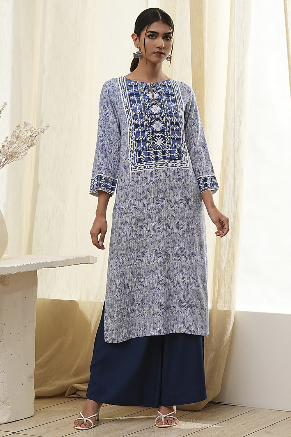 Beige Printed Straight Kurta image number 5