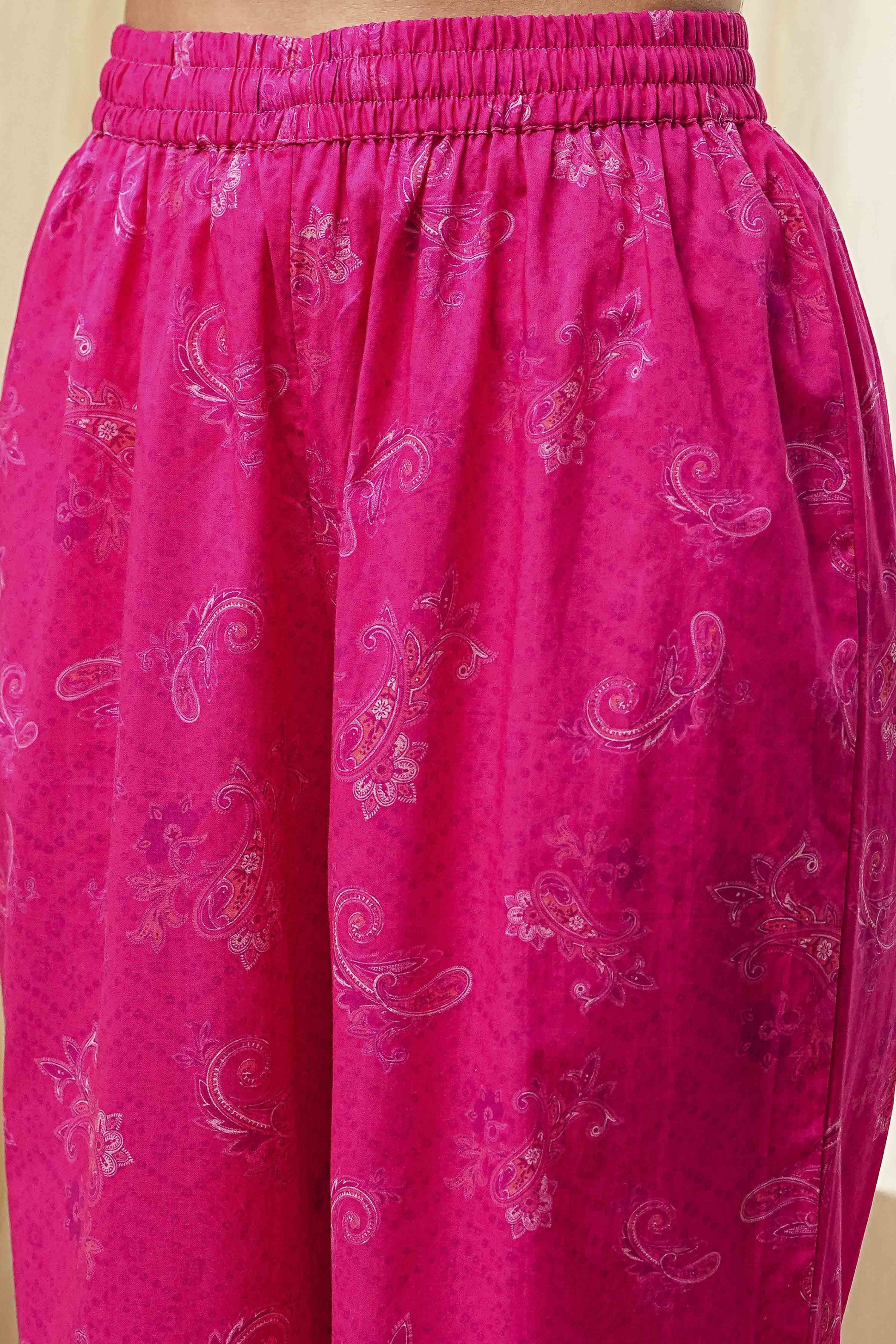 Pink Cotton Printed Pleated Kurta Set image number 2