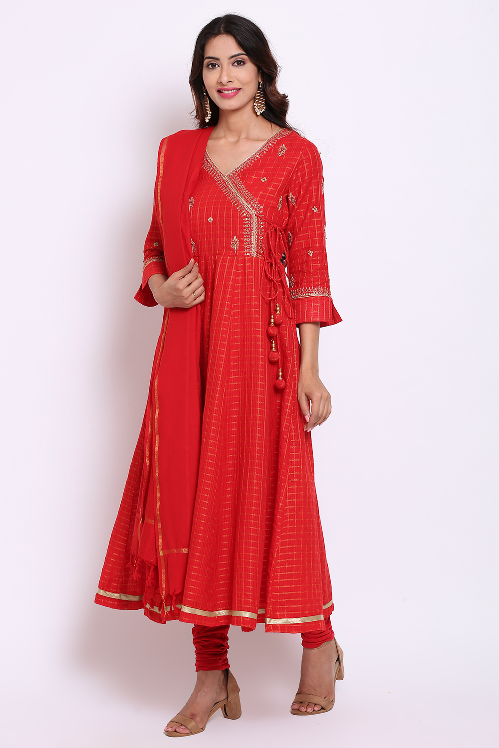 Red Metallic Cotton Anarkali Kurta Churidar Suit Set image number 4