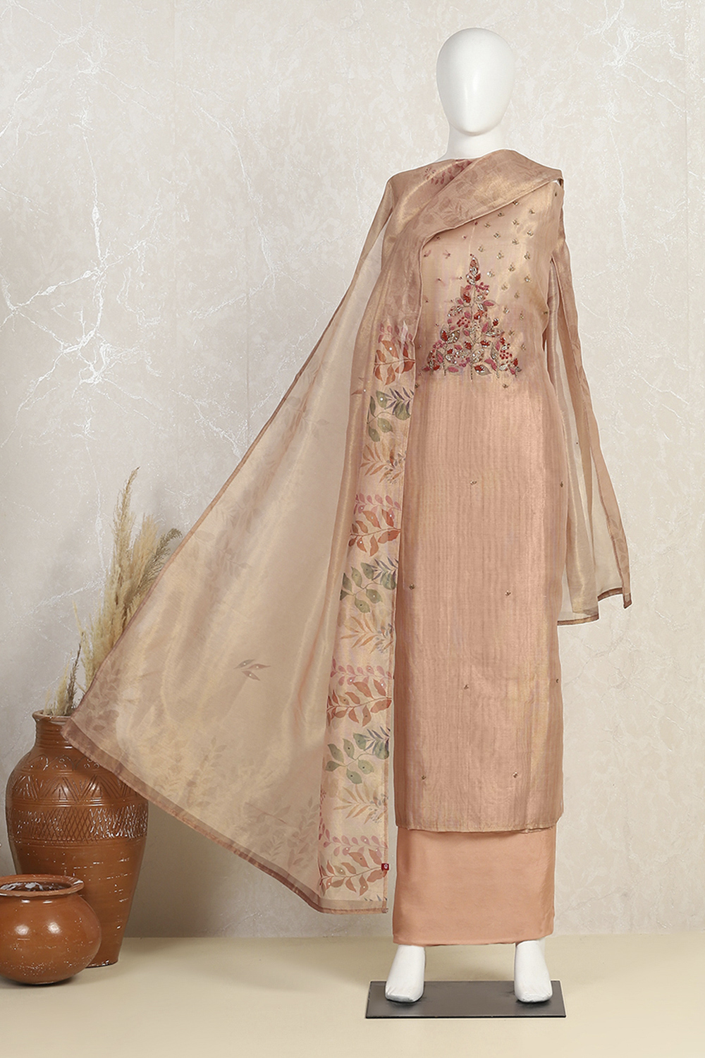 Light Orange Tissue Hand Embroidered Unstitched Suit Set image number 4