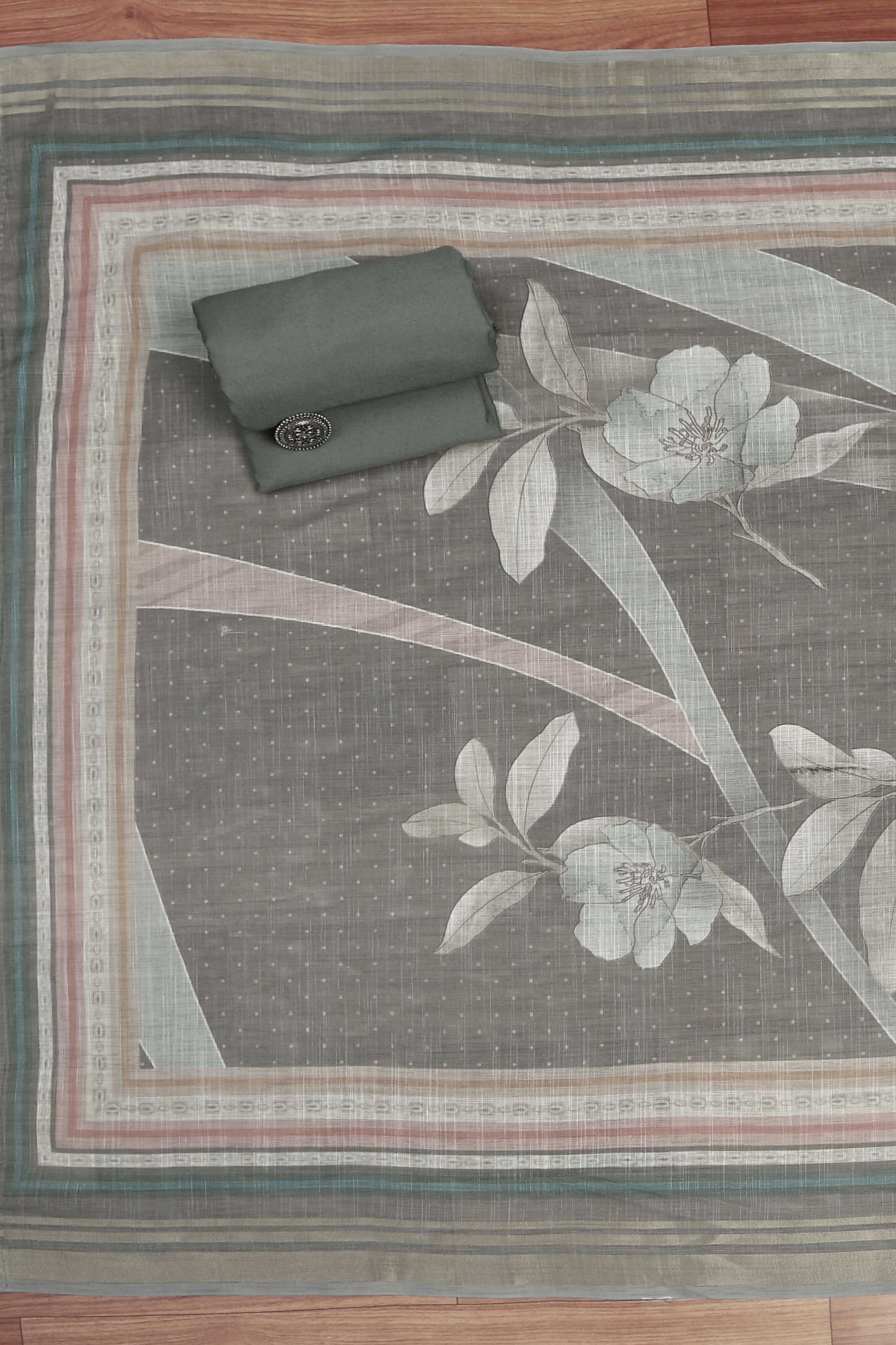 Green Linen Unstitched Suit Set image number 3