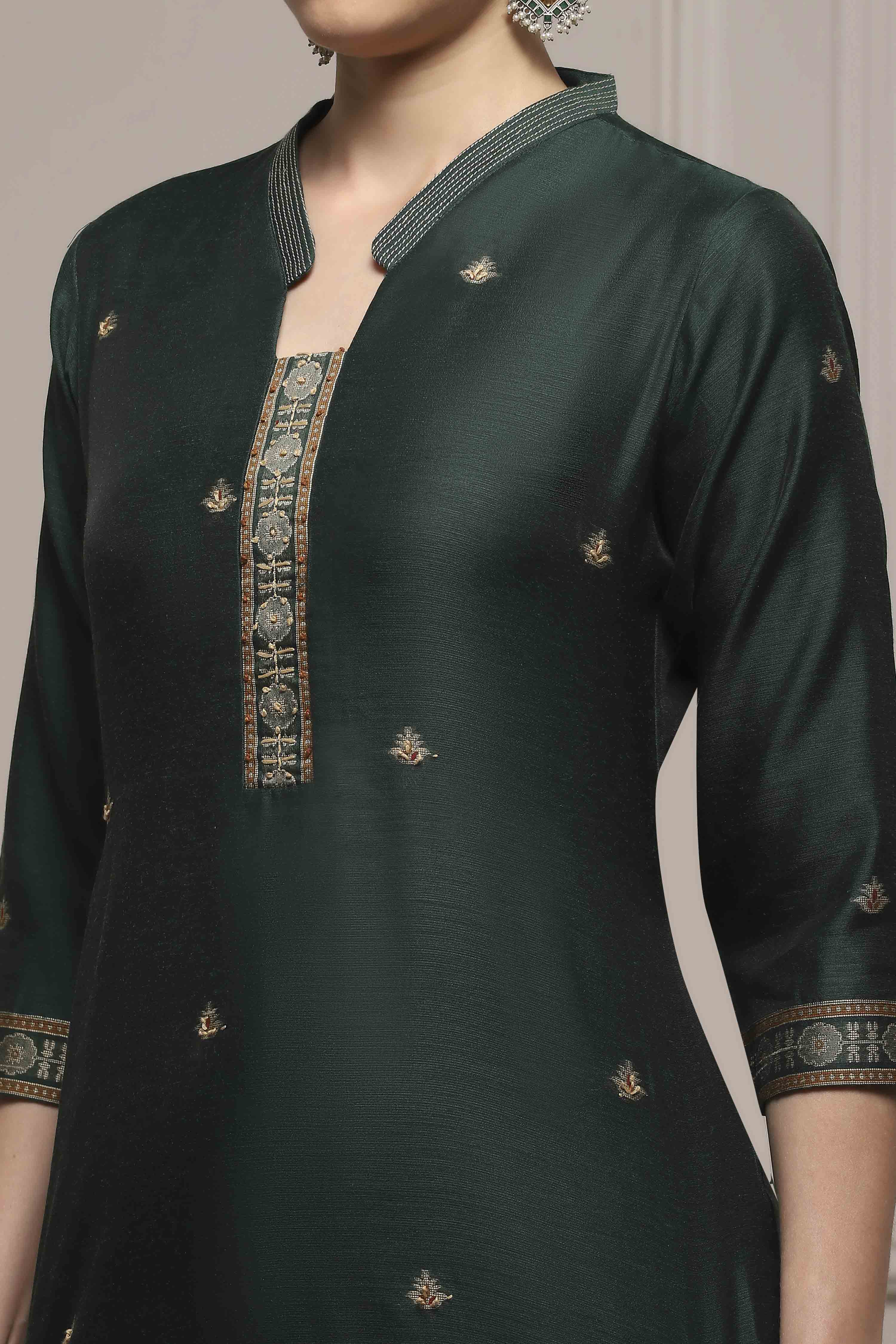 Green Chanderi Blend Handloom Unstitched Suit Set image number 2