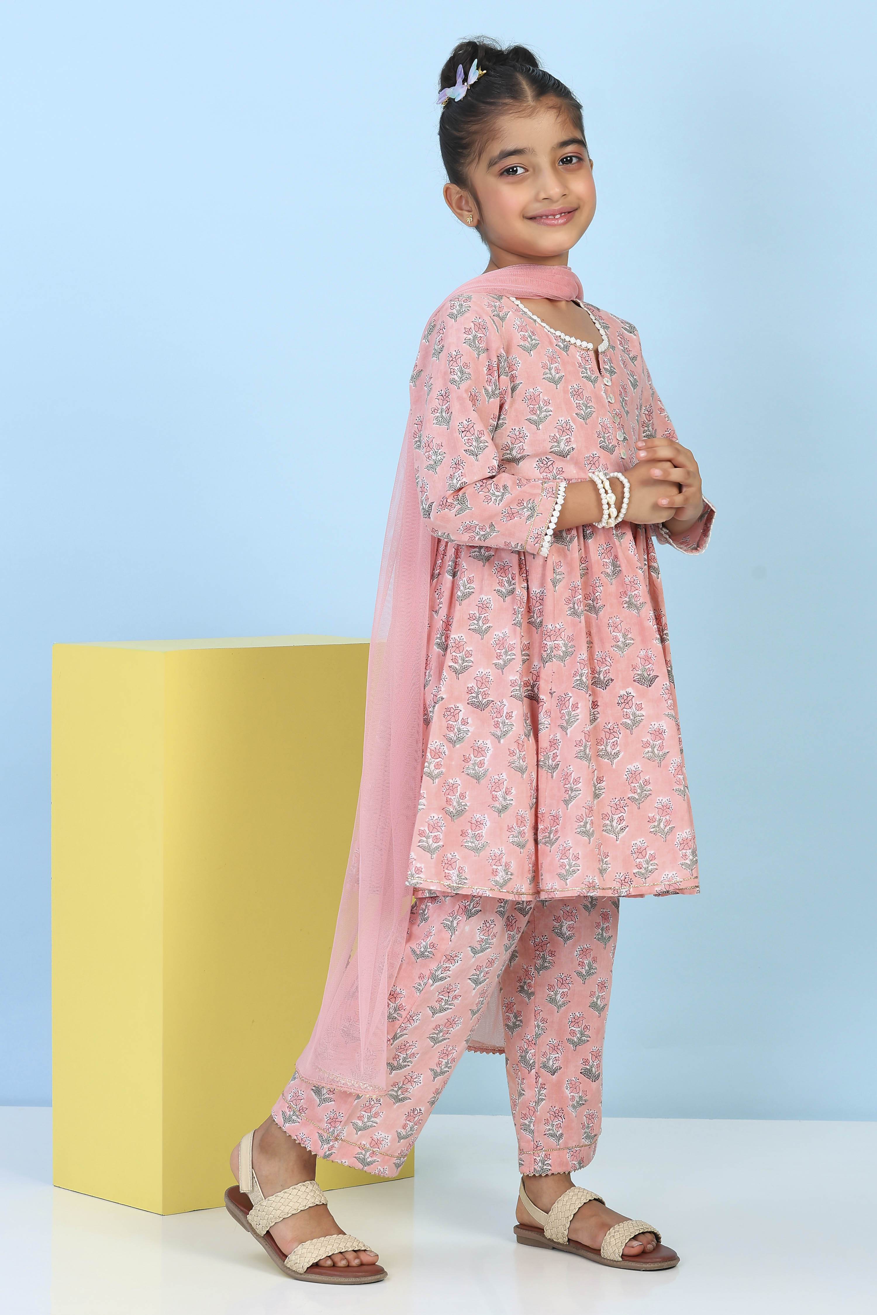 Peach Cotton Printed Gathered Suit Set image number 4