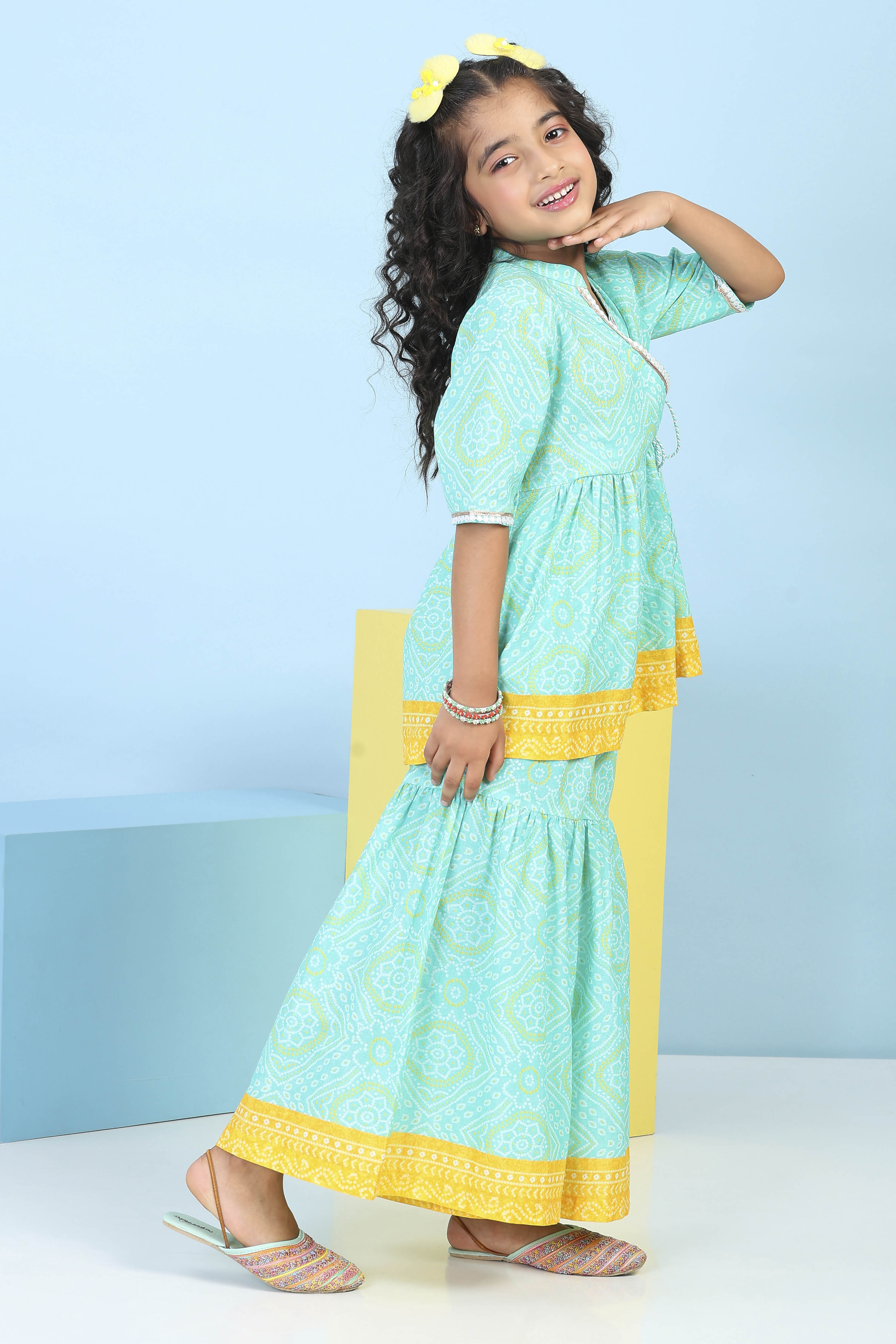 Mint Green Cotton Printed Gathered Suit Set image number 4