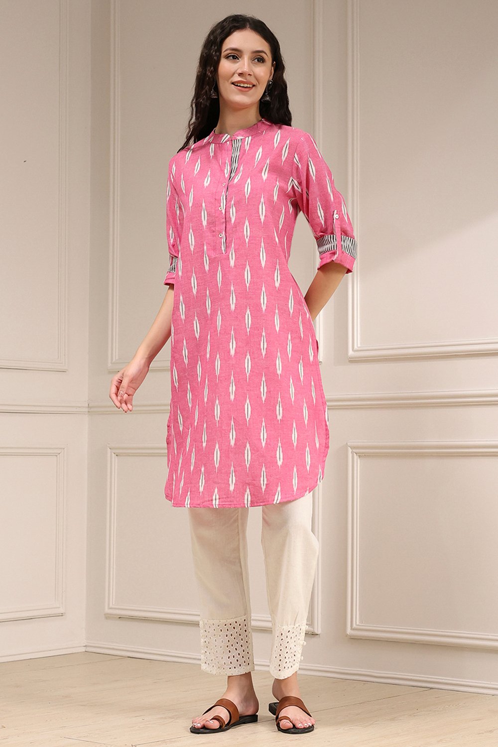 Pink Cotton Straight Yarndyed Kurta image number 5