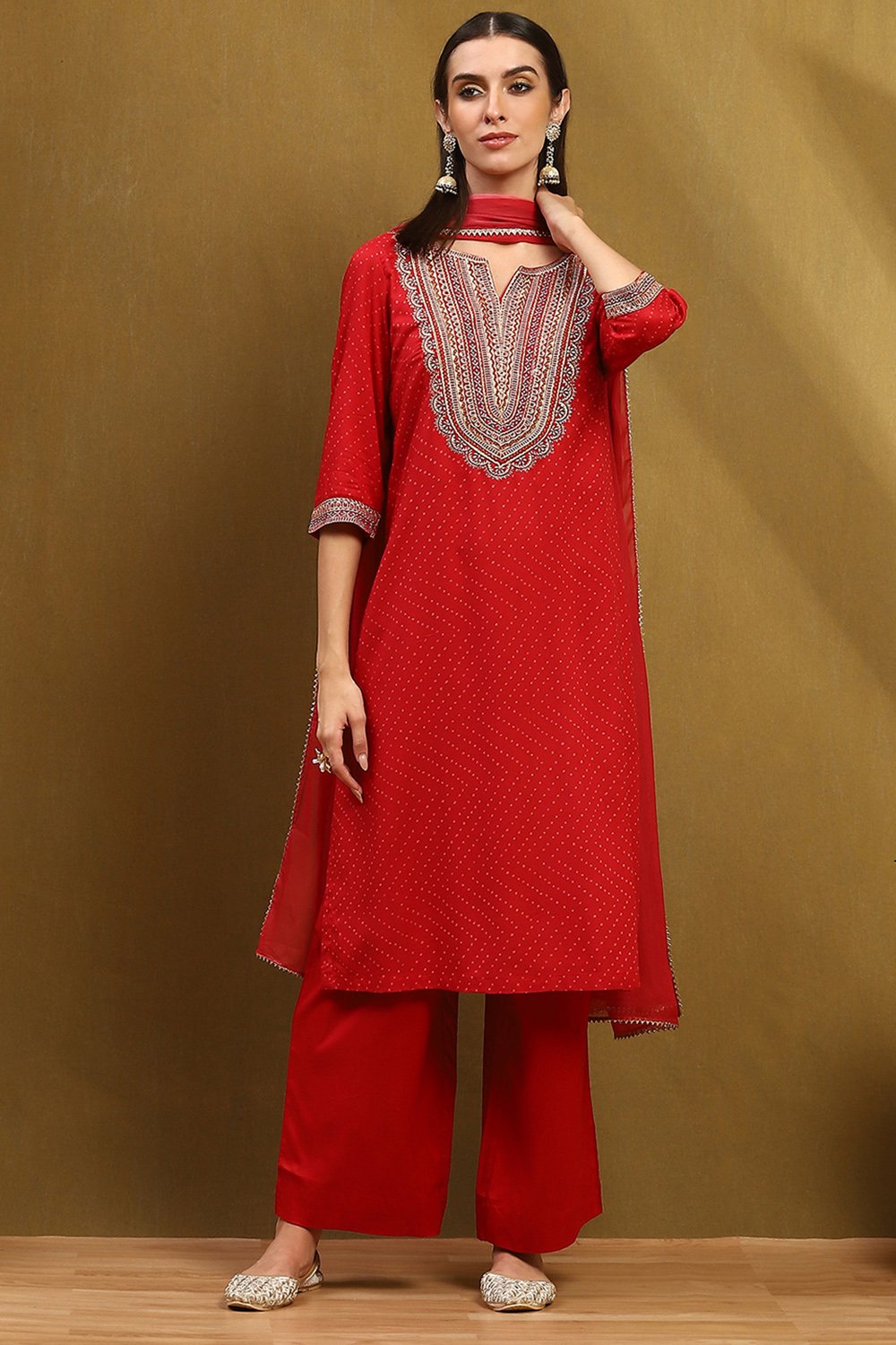 Cherry Red Bandhani Printed Straight Suit Set image number 7