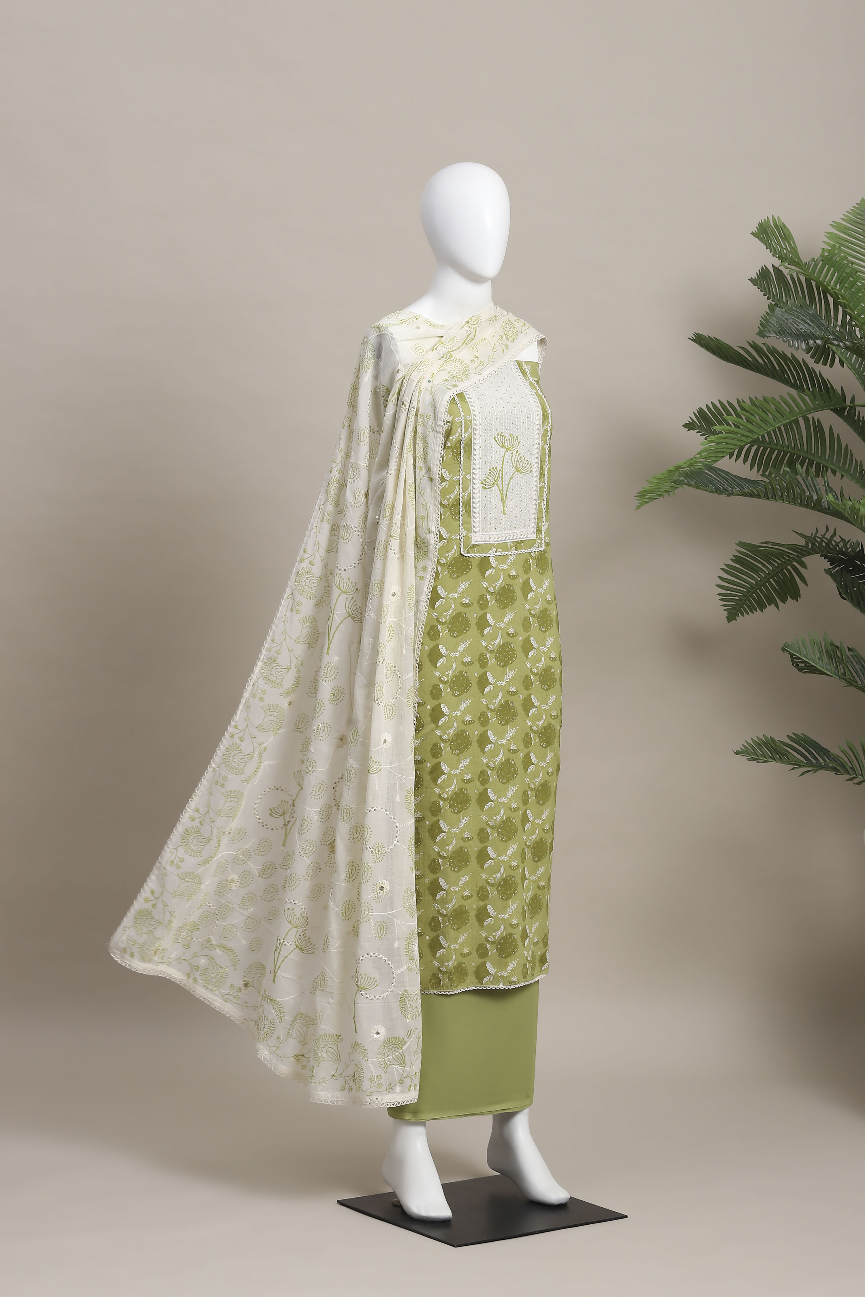 Light Green Cotton Printed Embroidered Unstitched Suit Set image number 4