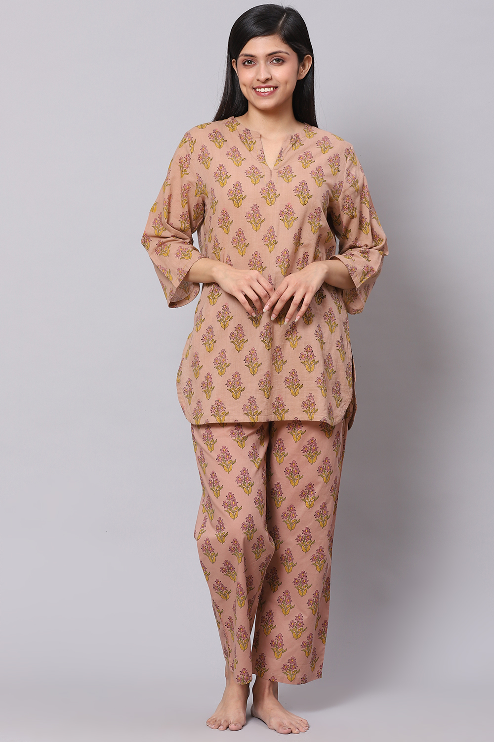 Dusky Peach Straight Cotton Three Piece Printed Sleepwear Set image number 0