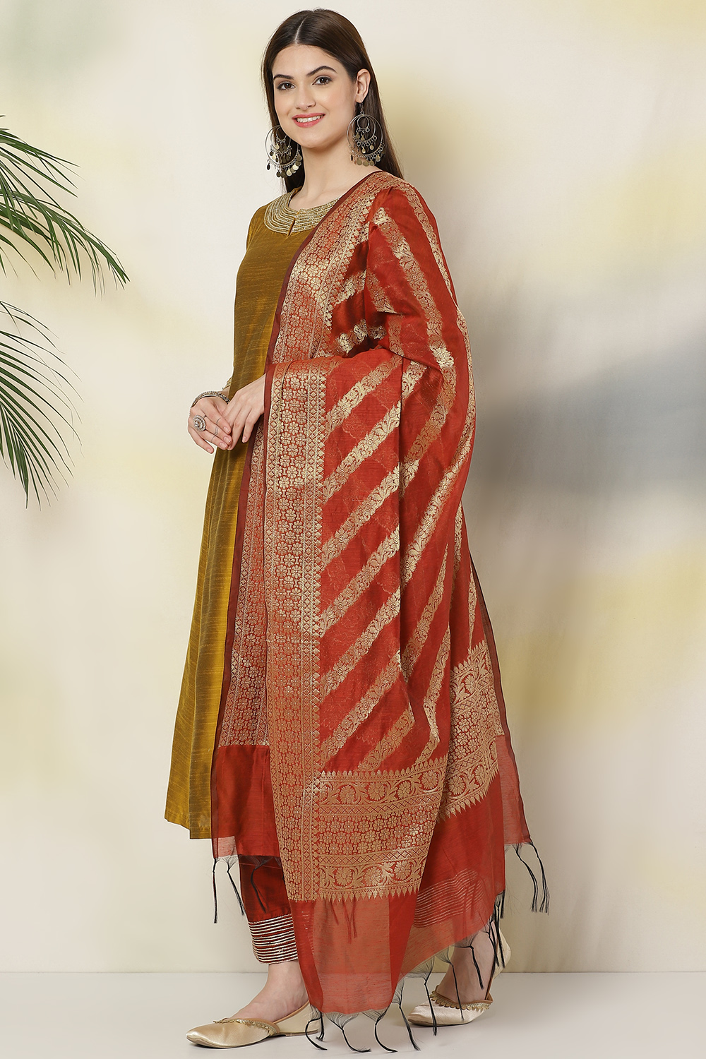 Mustard Poly Viscose Anarkali Kurta Palazzo Suit Set image number 5