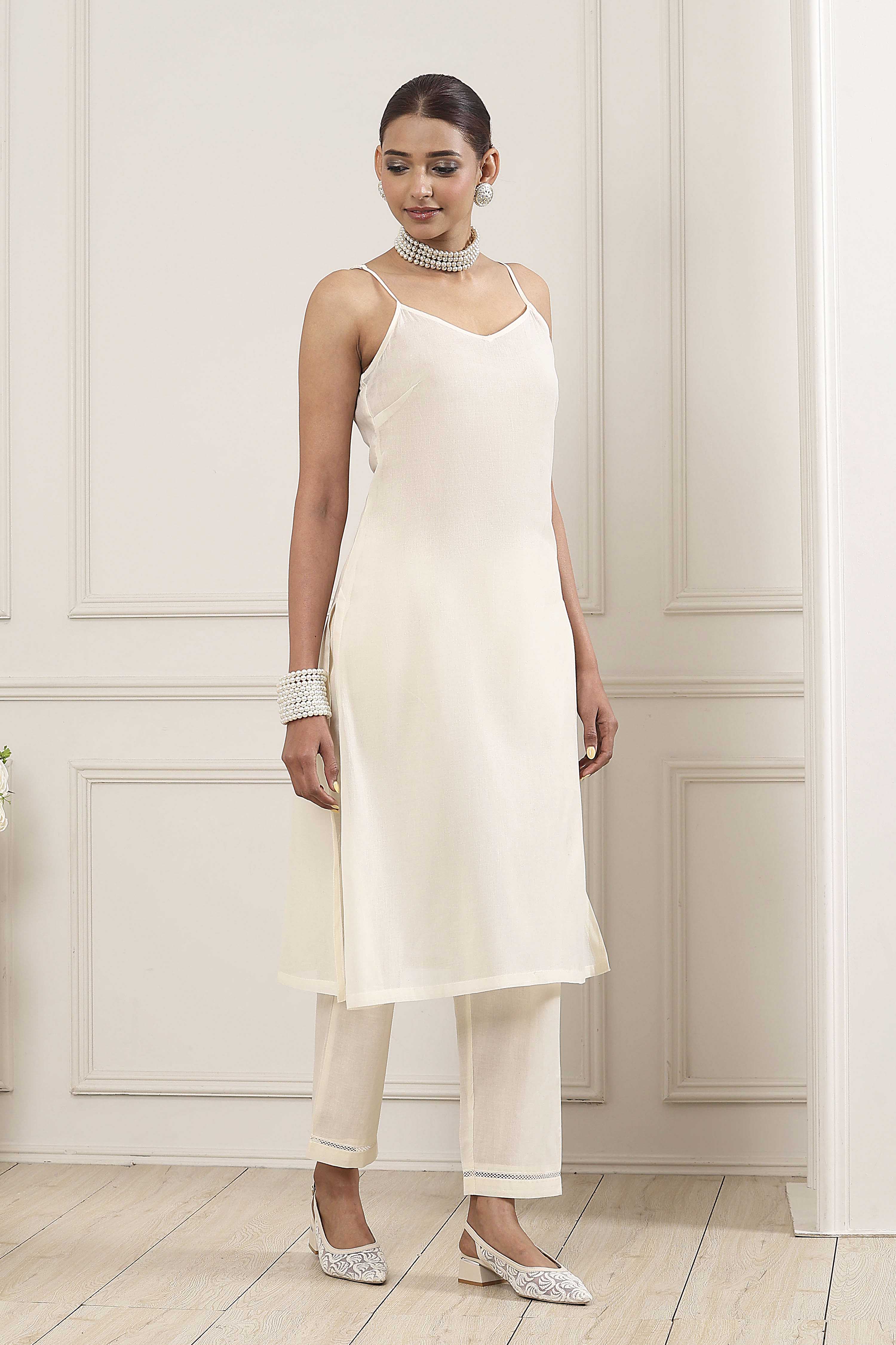 Ecru Cotton Embroidered Kalidar Suit Set image number 6