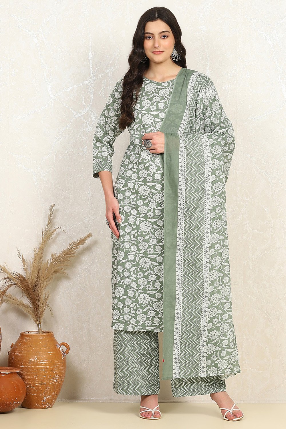 Mustard Cotton Screen Print Unstitched Suit Set image number 7