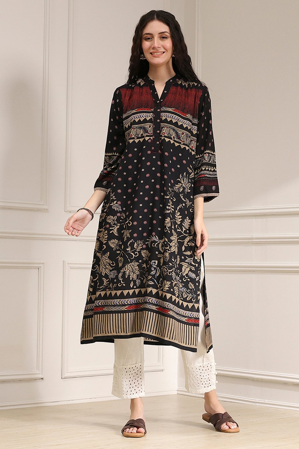 Black Viscose Rayon Straight Printed Kurta image number 5