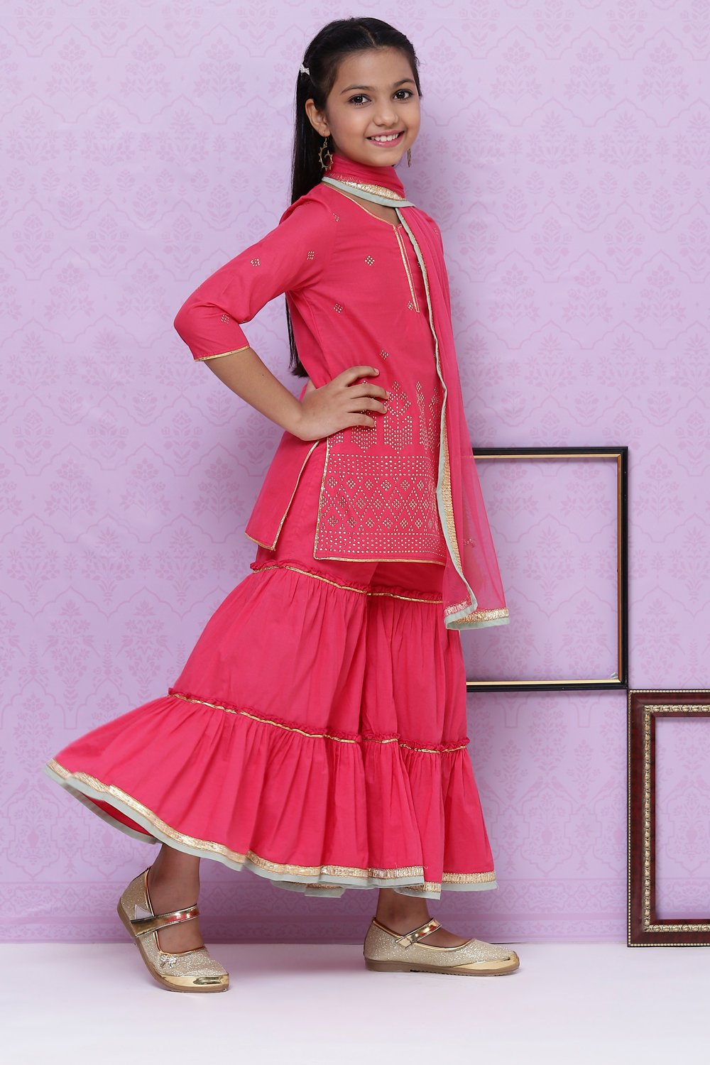 Fuchsia Cotton Girls Straight Kurta Sharara Suit Set image number 6