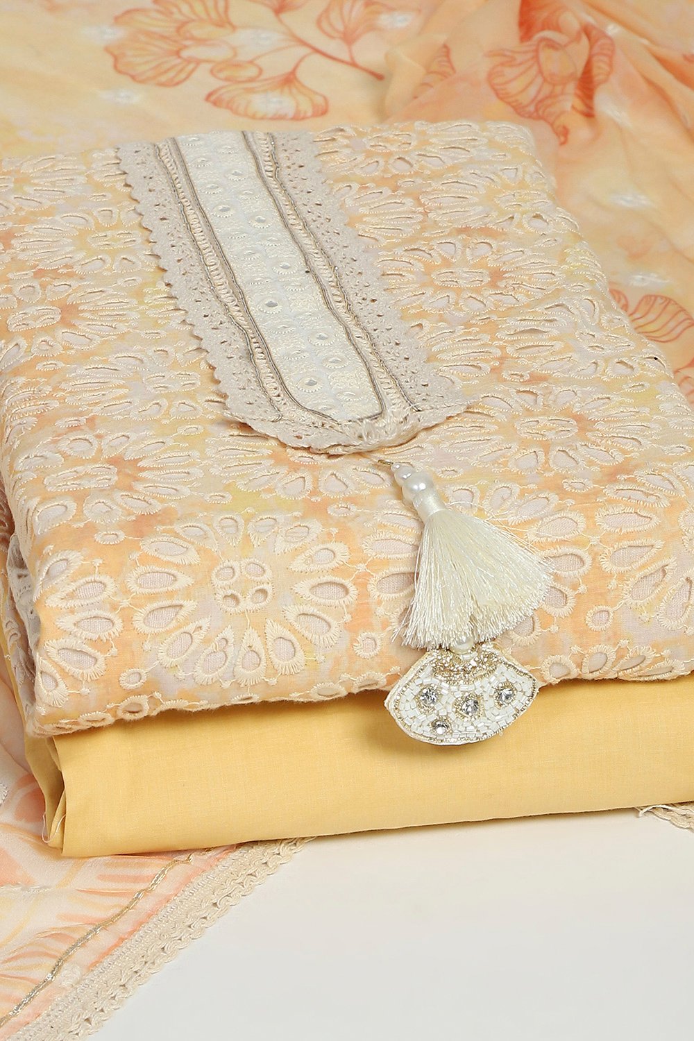 Yellow Cotton Schiffly Unstitched Suit Set image number 3