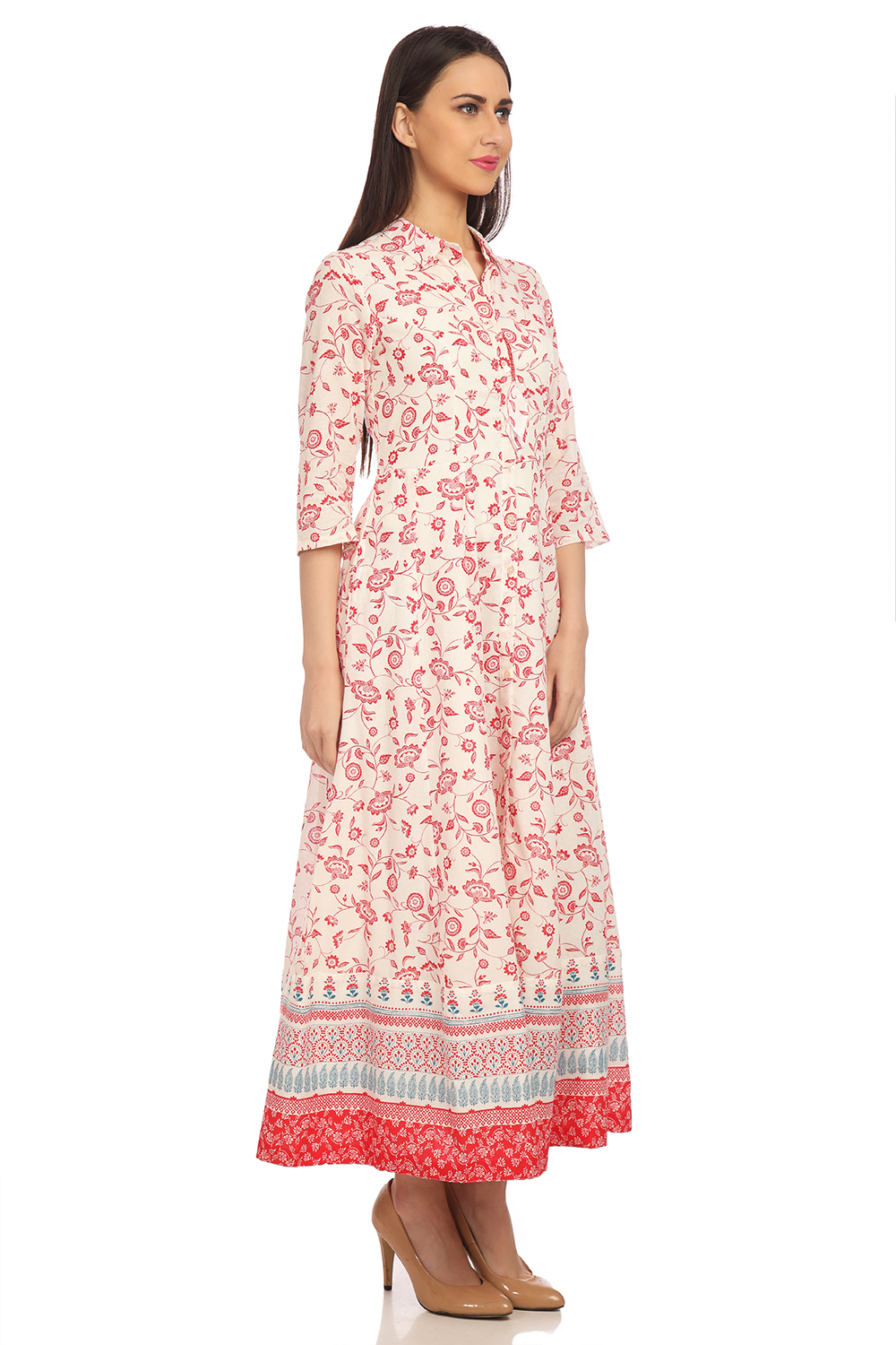 White And Red Flared Cotton Printed Kurta Dress image number 2