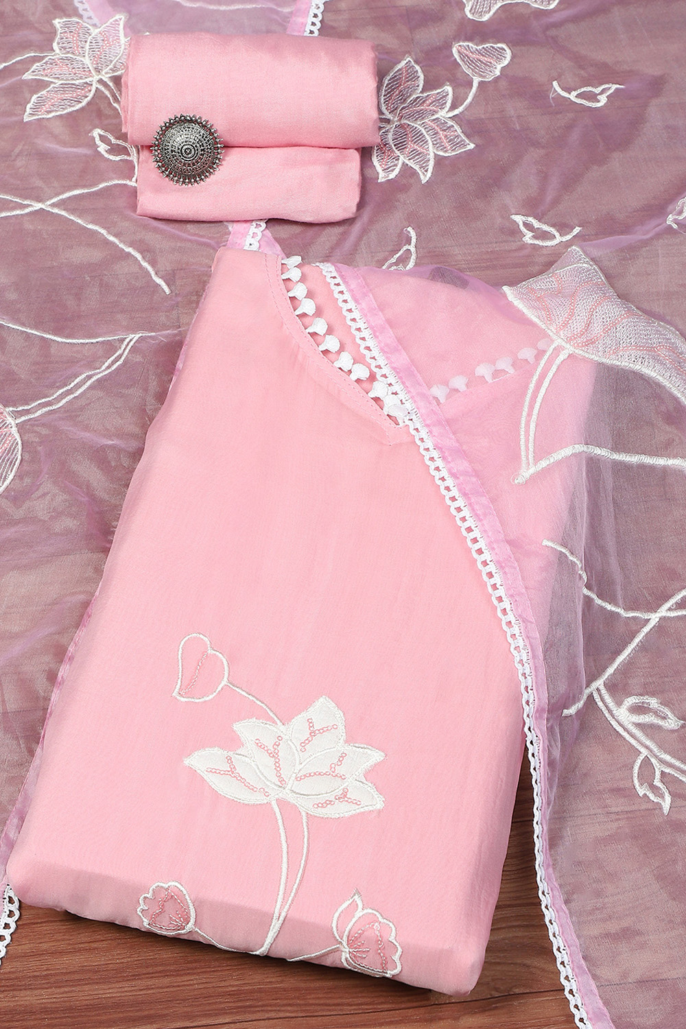 Baby Pink Organza Unstitched Suit set image number 0