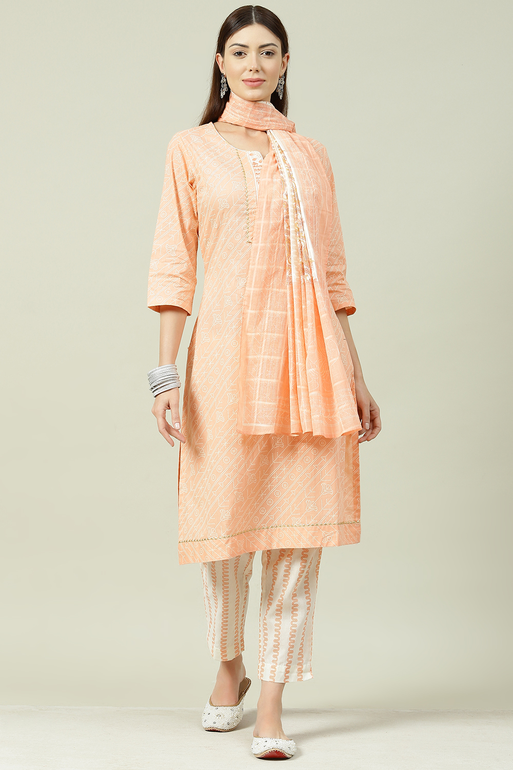 Orange Cotton Screen Print Unstitched Suit Set image number 0
