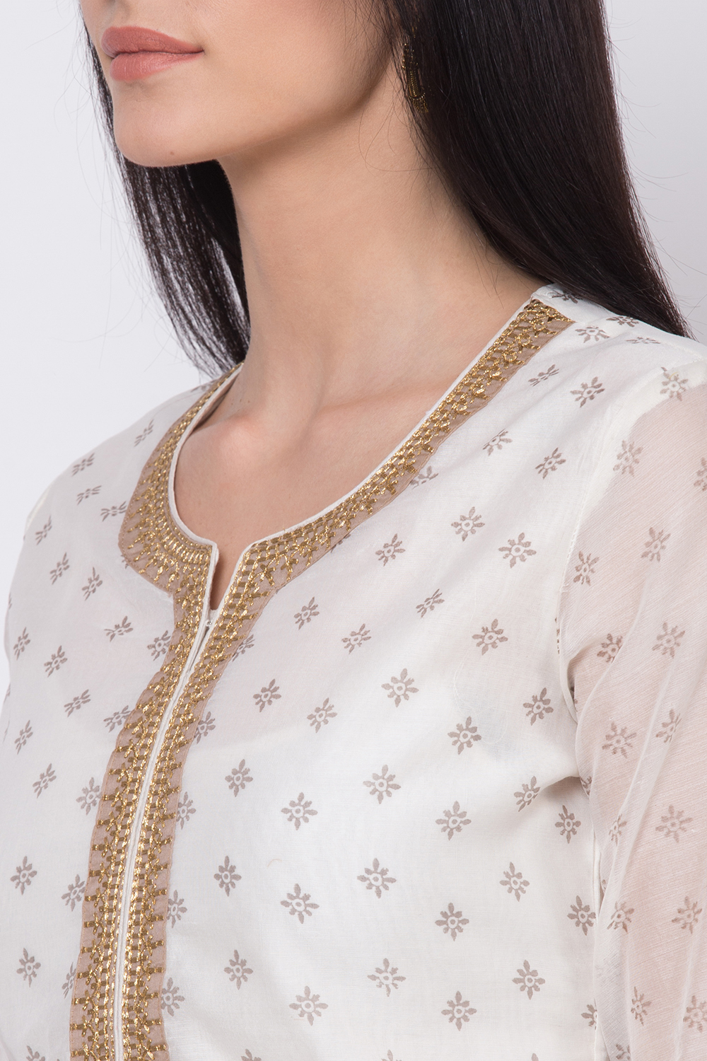 Off White Poly Cotton Straight Kurta Palazzo Suit Set image number 1