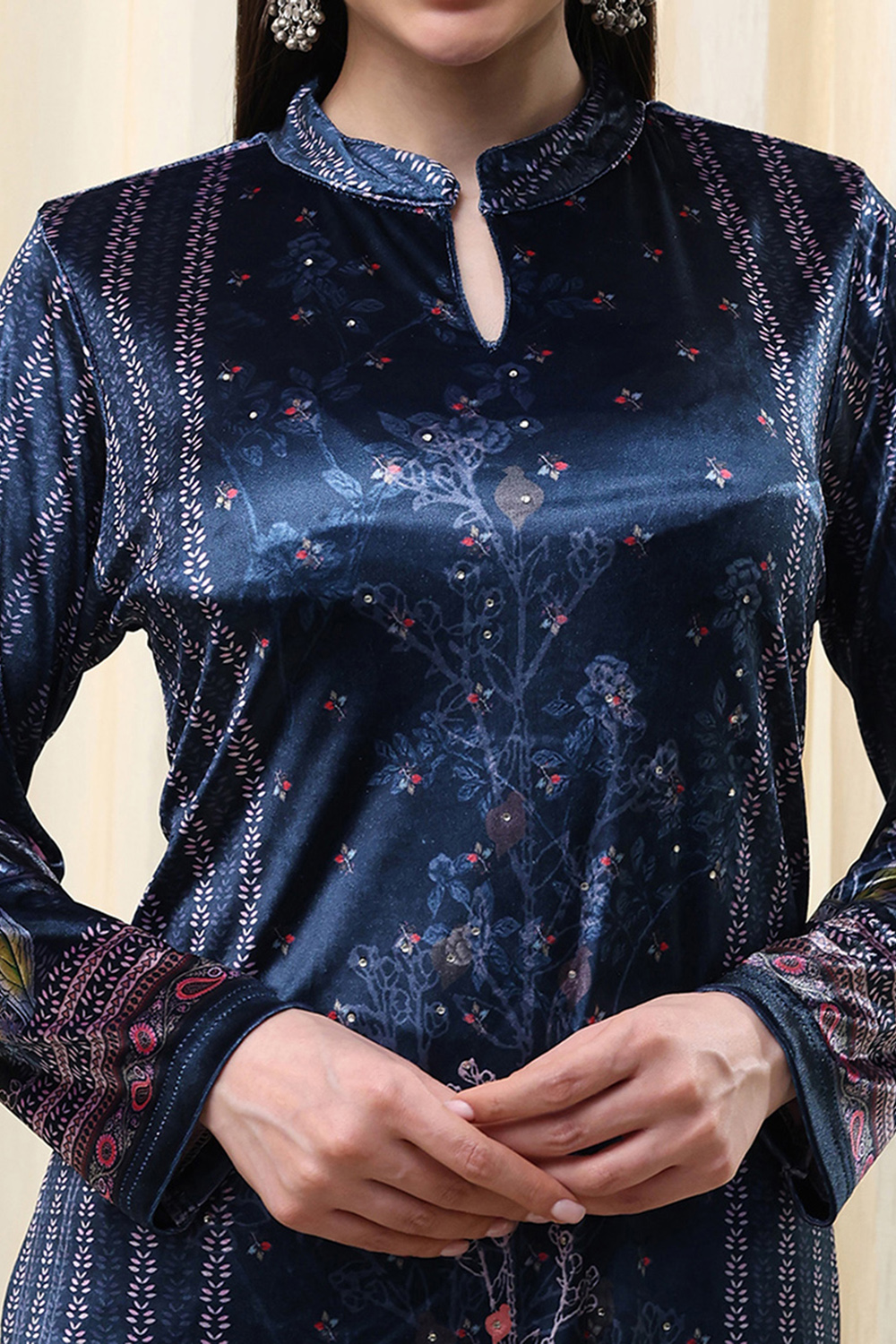Petrol Blue Polyester Straight Printed Kurta Slim Pant Suit Set image number 1