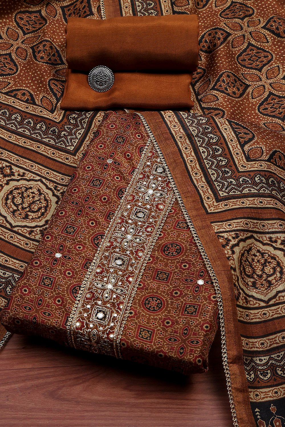 Wine Silk Blend Hand Embroidered Unstitched Suit Set image number 0