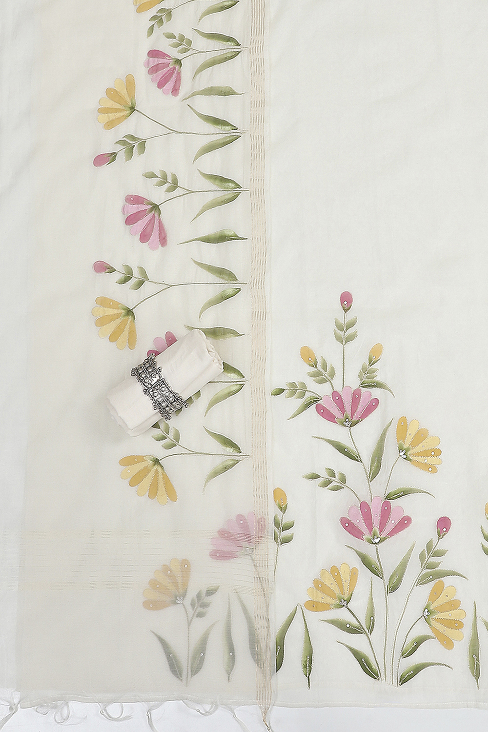 Off White Chanderi Hand Painted Unstitched Suit Set image number 1
