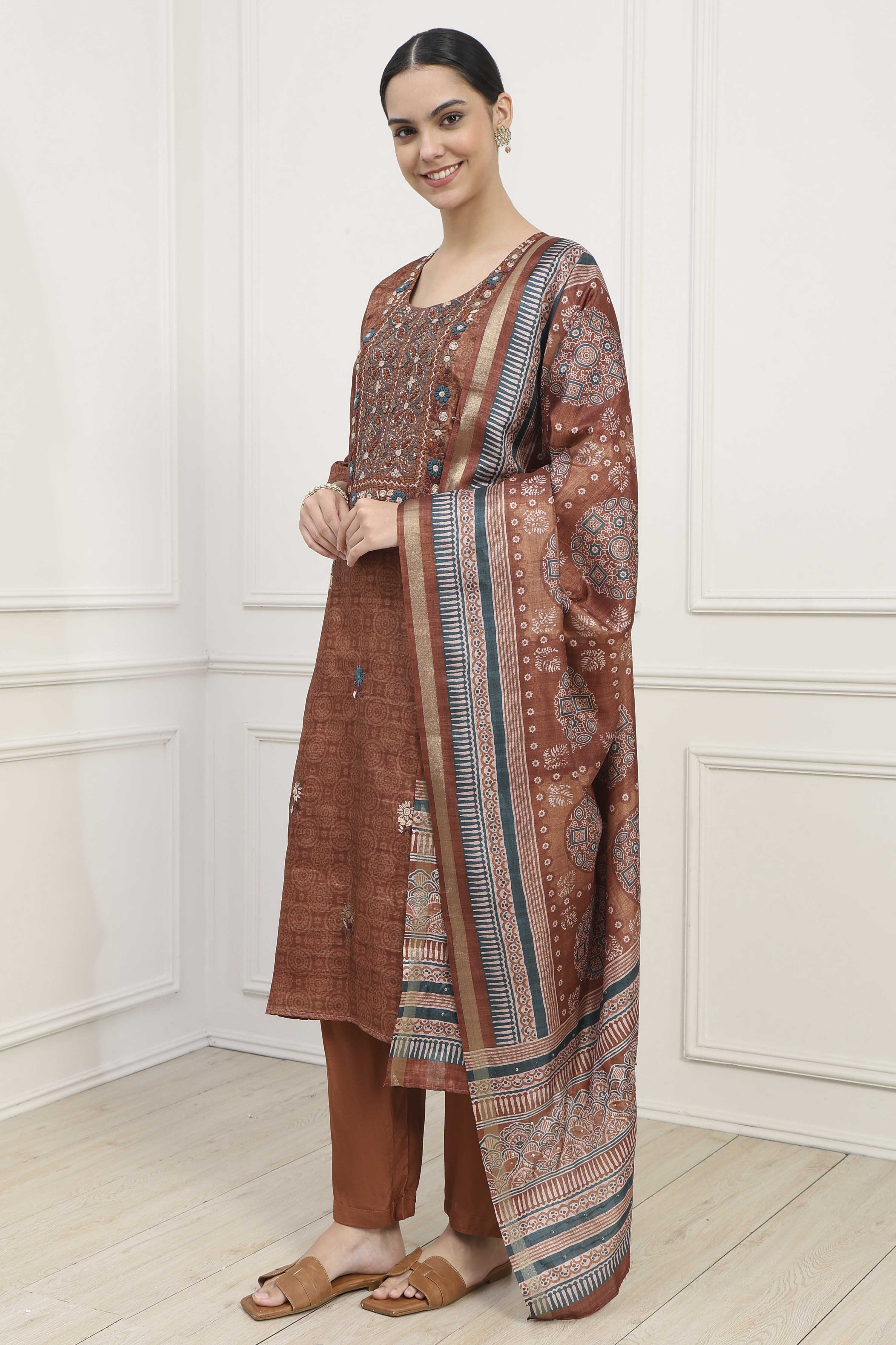 Mustard Silk Tussar Hand Embroidered Unstitched Suit Set image number 4